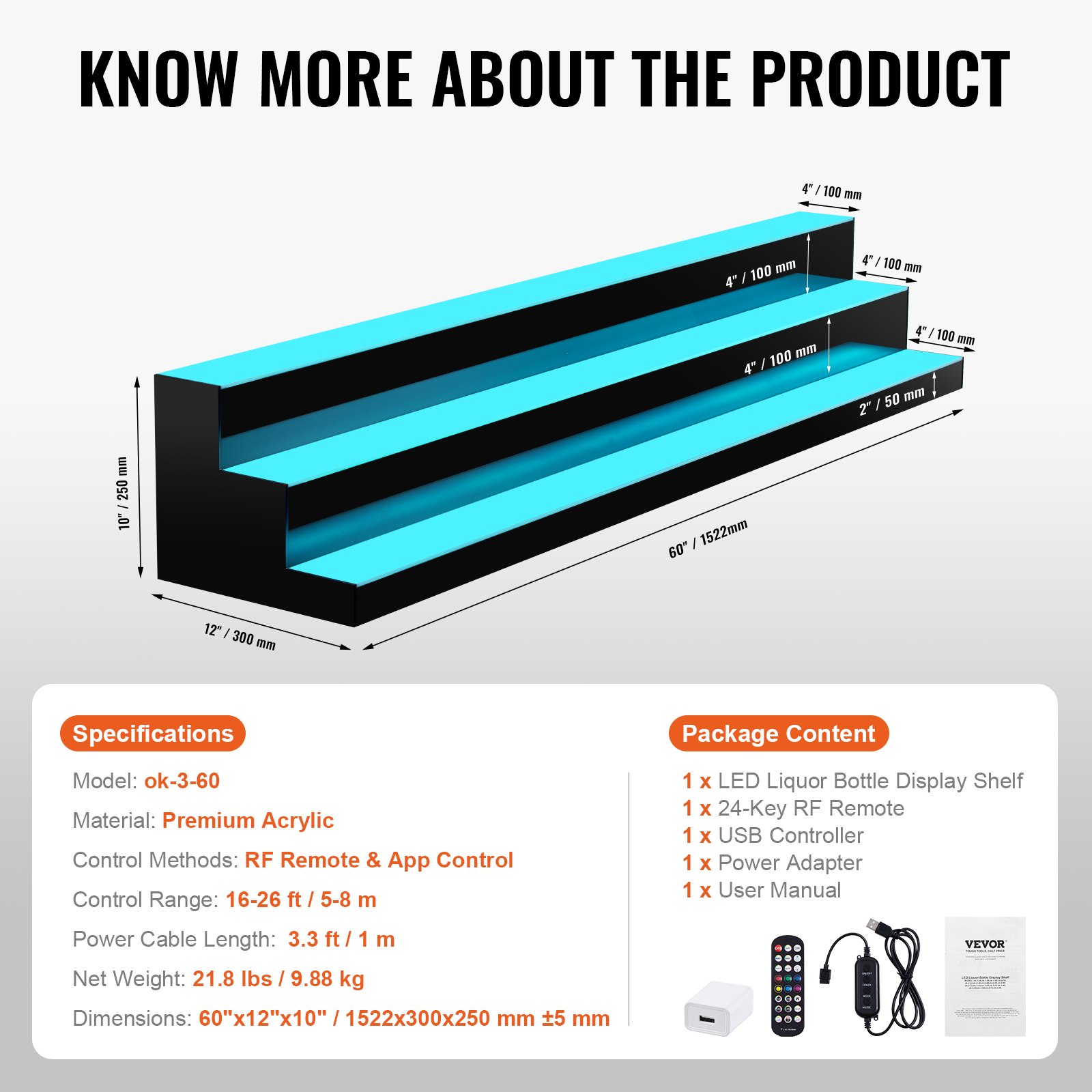 VEVOR LED Lighted Liquor Bottle Display, 3 Tiers 60 Inch Commercial Illuminated Home Bar Shelf, 3 Steps Whiskey Rack Stand, Acrylic Drink Shelves with RF Remote & App Control, and Multicolor lighting