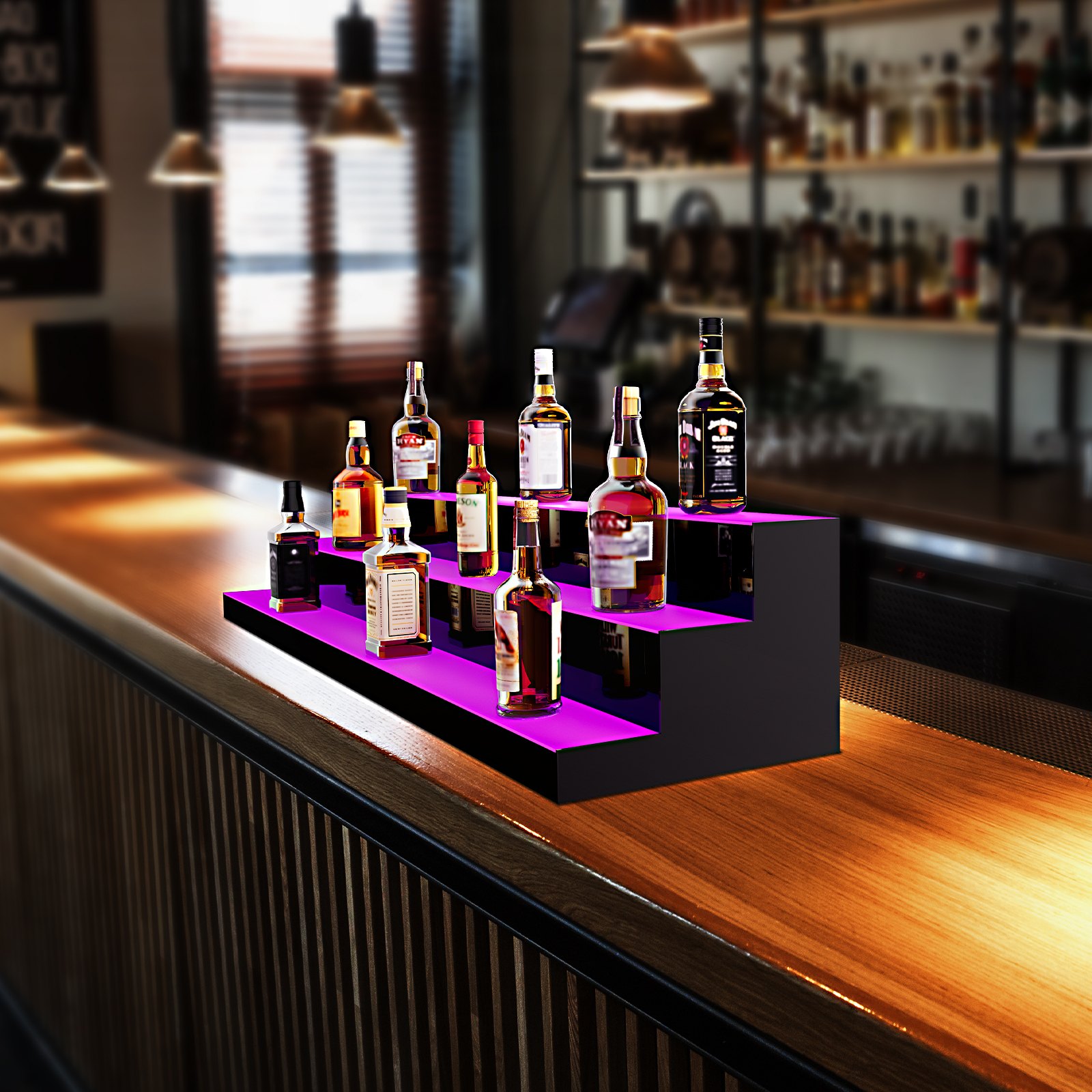 VEVOR LED Lighted Liquor Bottle Display, 3 Tiers 60 Inch Commercial Illuminated Home Bar Shelf, 3 Steps Whiskey Rack Stand, Acrylic Drink Shelves with RF Remote & App Control, and Multicolor lighting