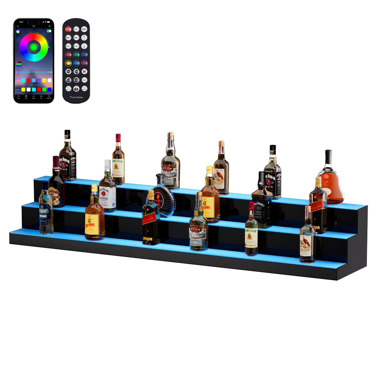 VEVOR LED Lighted Liquor Bottle Display, 3 Tiers 60 Inch Commercial Illuminated Home Bar Shelf, 3 Steps Whiskey Rack Stand, Acrylic Drink Shelves with RF Remote & App Control, and Multicolor lighting