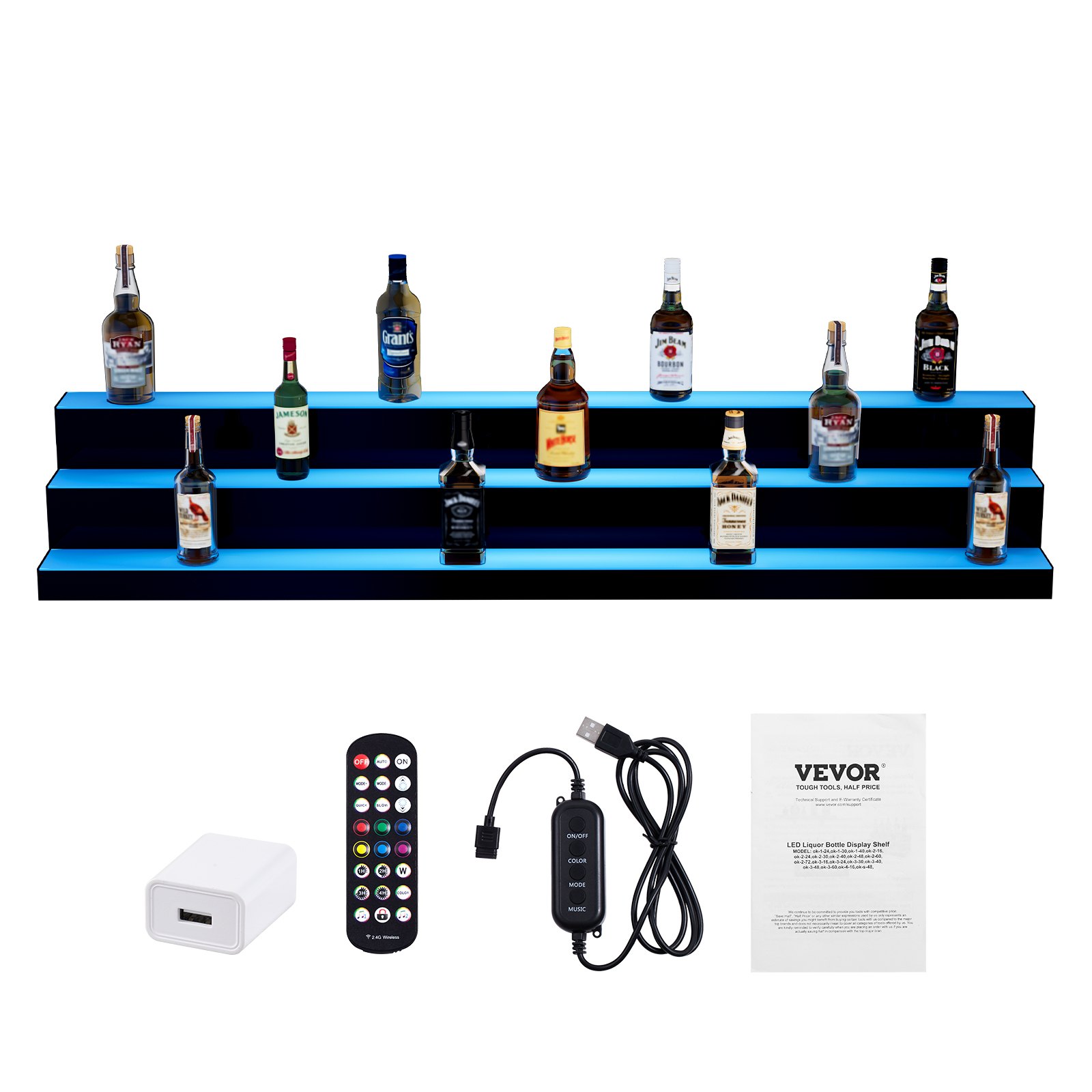 VEVOR LED Lighted Liquor Bottle Display, 3 Tiers 60 Inch Commercial Illuminated Home Bar Shelf, 3 Steps Whiskey Rack Stand, Acrylic Drink Shelves with RF Remote & App Control, and Multicolor lighting