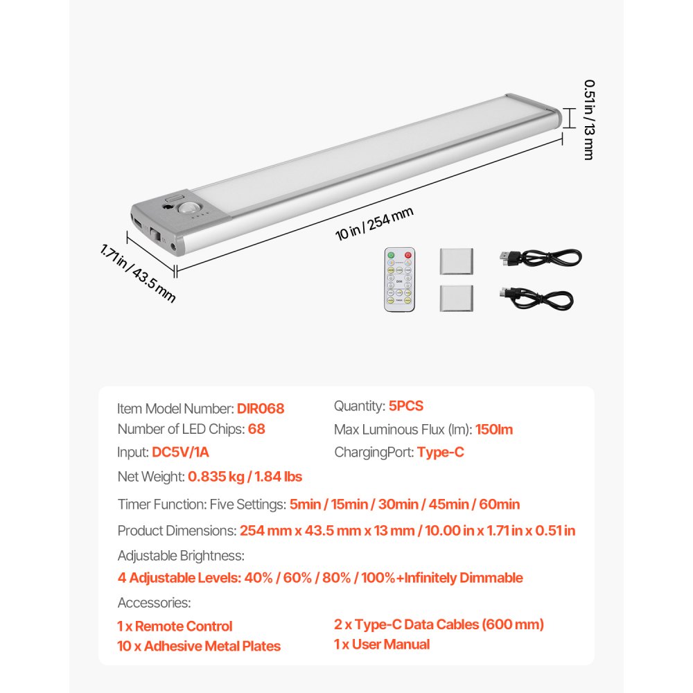 VEVOR Under Cabinet Lighting, 5 PCS,  68 LED Motion Sensor Lights, Rechargeable Battery Operated Closet Lights with Remote Control, Wireless Under Counter Light for Cabinets, Bookshelf, Stair, Hallway