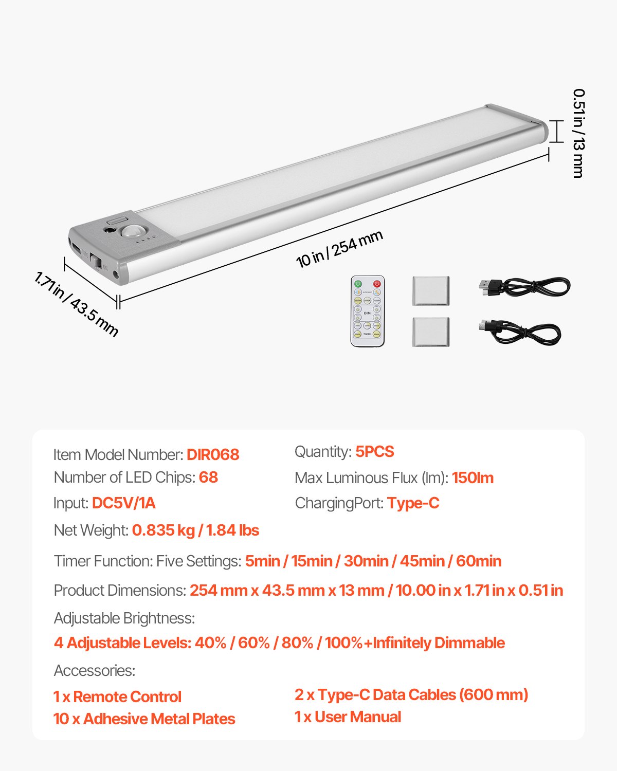 VEVOR Under Cabinet Lighting, 5 PCS,  68 LED Motion Sensor Lights, Rechargeable Battery Operated Closet Lights with Remote Control, Wireless Under Counter Light for Cabinets, Bookshelf, Stair, Hallway