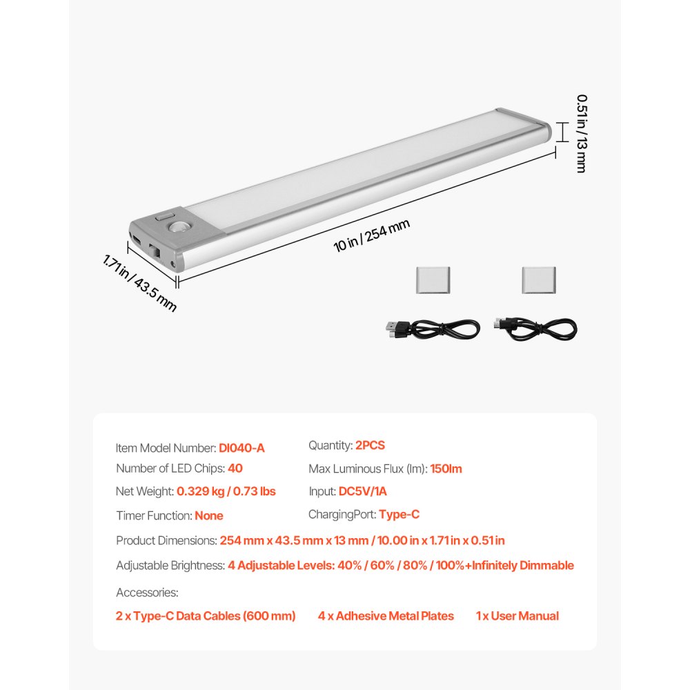 VEVOR Under Cabinet Lighting, 2 PCS, 40 LED Motion Sensor Lights, Rechargeable Battery Operated Closet Lights, Wireless Under Counter Light for Cabinets, Bookshelf, Stair, Hallway