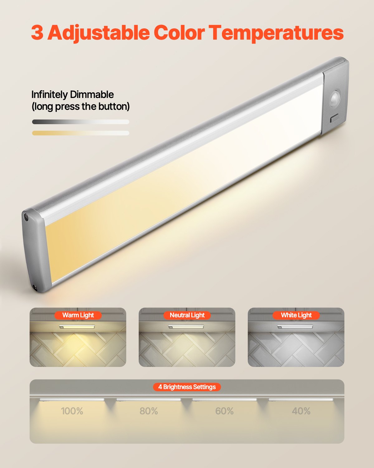 VEVOR Under Cabinet Lighting, 2 PCS, 40 LED Motion Sensor Lights, Rechargeable Battery Operated Closet Lights, Wireless Under Counter Light for Cabinets, Bookshelf, Stair, Hallway