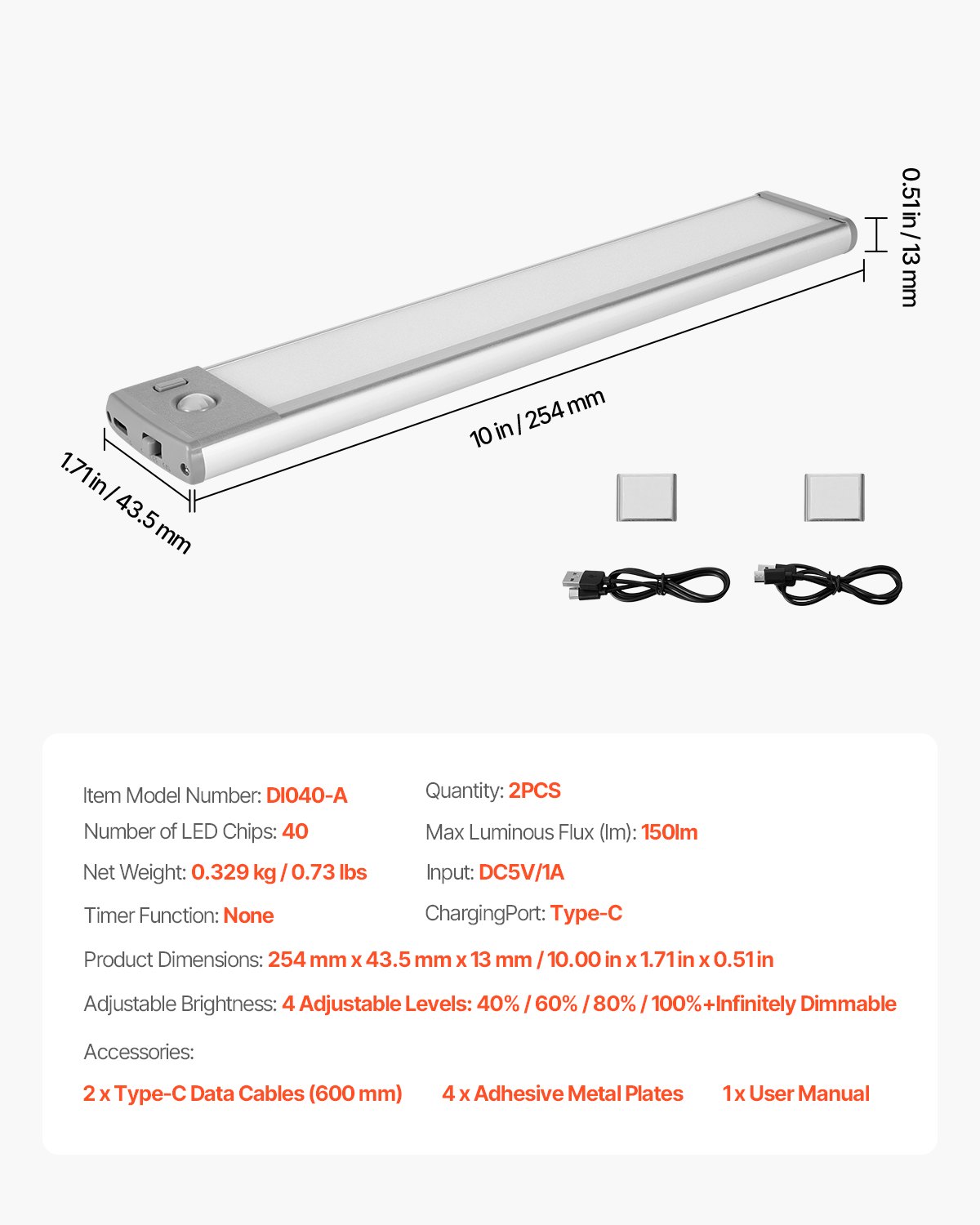 VEVOR Under Cabinet Lighting, 2 PCS, 40 LED Motion Sensor Lights, Rechargeable Battery Operated Closet Lights, Wireless Under Counter Light for Cabinets, Bookshelf, Stair, Hallway
