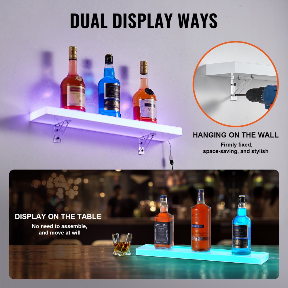 VEVOR LED Lighted Liquor Bottle Display, 1 Tier 24 Inch Wall Mounted Whiskey Rack Stand, 1 Step Commercial Illuminated Home Bar Shelf, Acrylic Drinks lighting Shelves with RF Remote & App Control