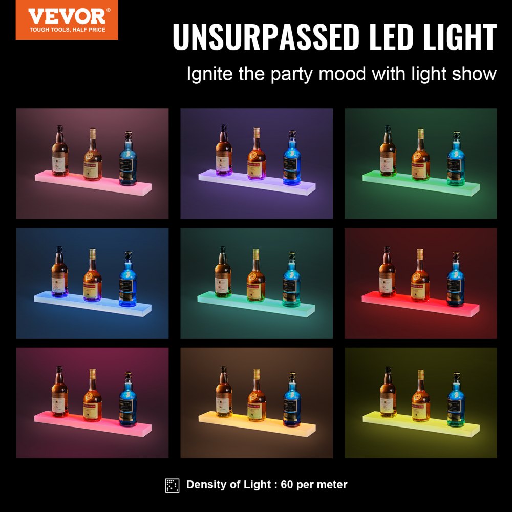 VEVOR LED Lighted Liquor Bottle Display, 1 Tier 24 Inch Wall Mounted Whiskey Rack Stand, 1 Step Commercial Illuminated Home Bar Shelf, Acrylic Drinks lighting Shelves with RF Remote & App Control
