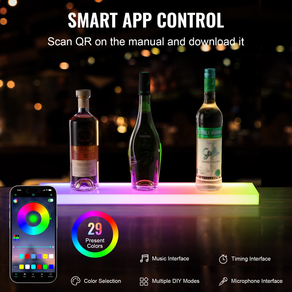 VEVOR LED Lighted Liquor Bottle Display, 1 Tier 24 Inch Wall Mounted Whiskey Rack Stand, 1 Step Commercial Illuminated Home Bar Shelf, Acrylic Drinks lighting Shelves with RF Remote & App Control