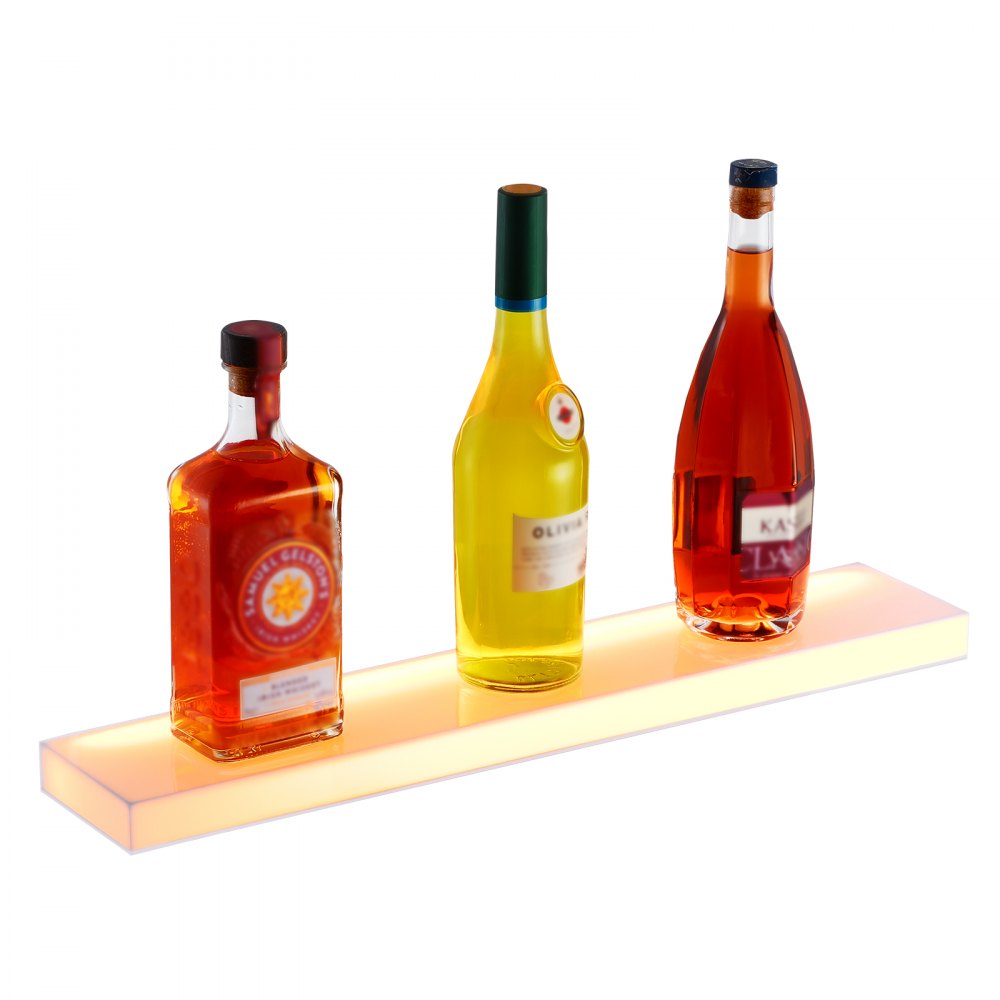 VEVOR LED Lighted Liquor Bottle Display, 1 Tier 24 Inch Wall Mounted Whiskey Rack Stand, 1 Step Commercial Illuminated Home Bar Shelf, Acrylic Drinks lighting Shelves with RF Remote & App Control