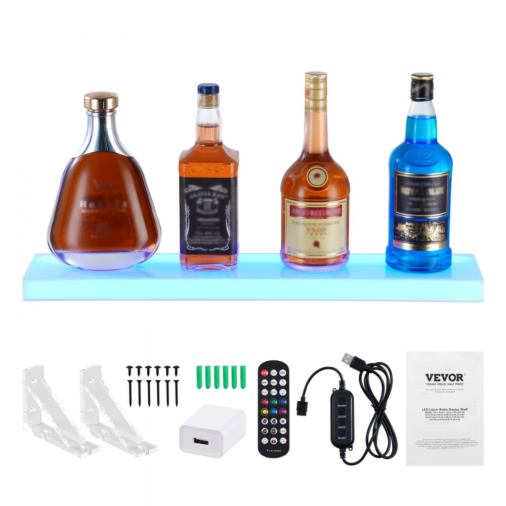 VEVOR LED Lighted Liquor Bottle Display, 1 Tier 24 Inch Wall Mounted Whiskey Rack Stand, 1 Step Commercial Illuminated Home Bar Shelf, Acrylic Drinks lighting Shelves with RF Remote & App Control