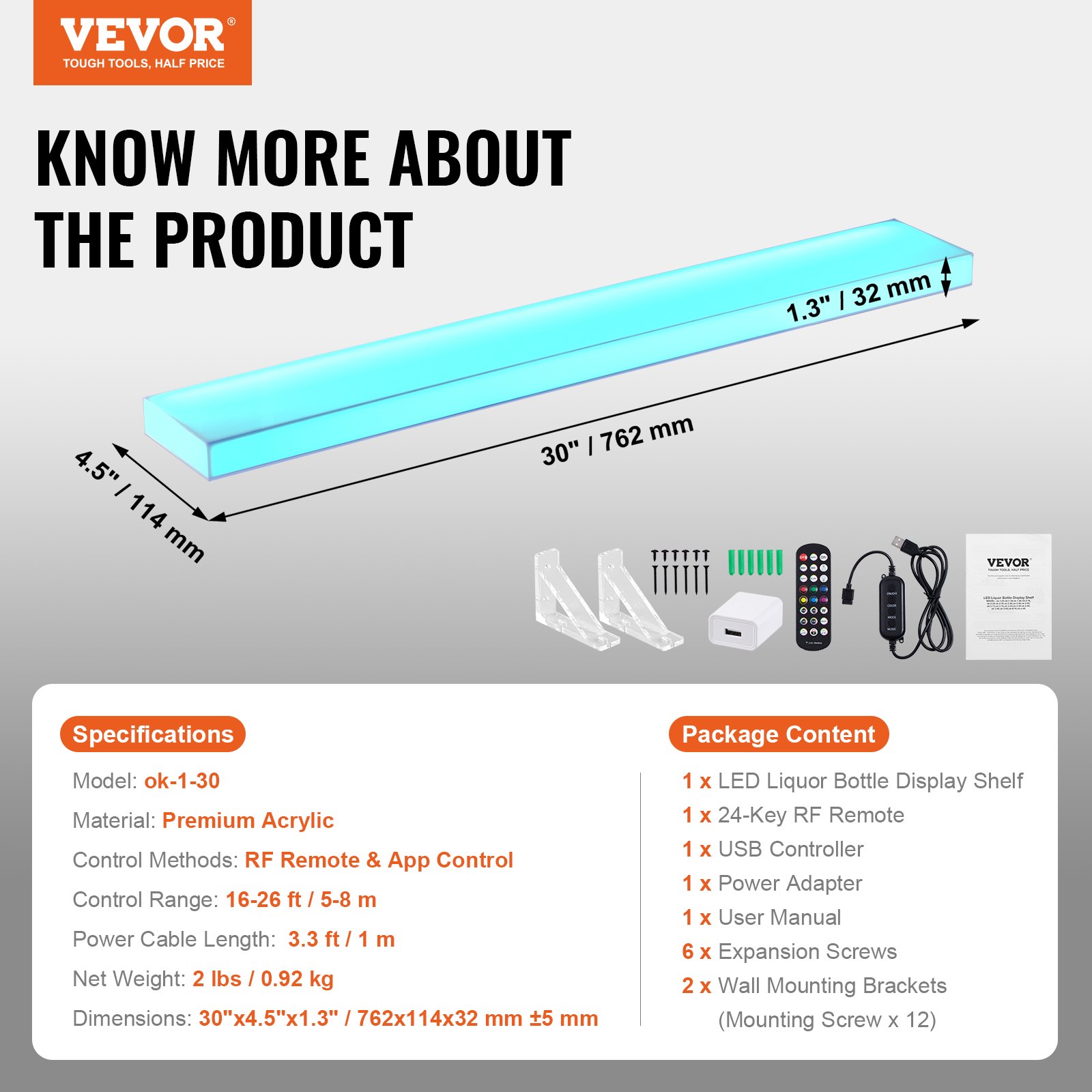 VEVOR LED-oplyst spiritusflaskedisplay, 1-lags 30-tommer vægmonteret whiskystativ, 1-trins kommerciel oplyst barhylde til hjemmet, akryl drikkebelysningshylder med RF-fjernbetjening og app-betjening