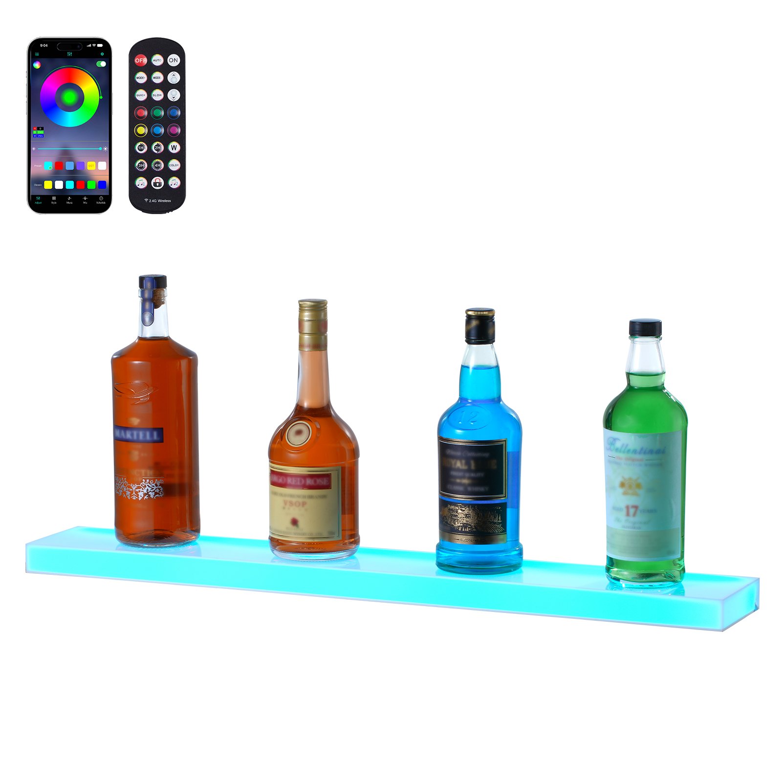 VEVOR LED-oplyst spiritusflaskedisplay, 1-lags 30-tommer vægmonteret whiskystativ, 1-trins kommerciel oplyst barhylde til hjemmet, akryl drikkebelysningshylder med RF-fjernbetjening og app-betjening
