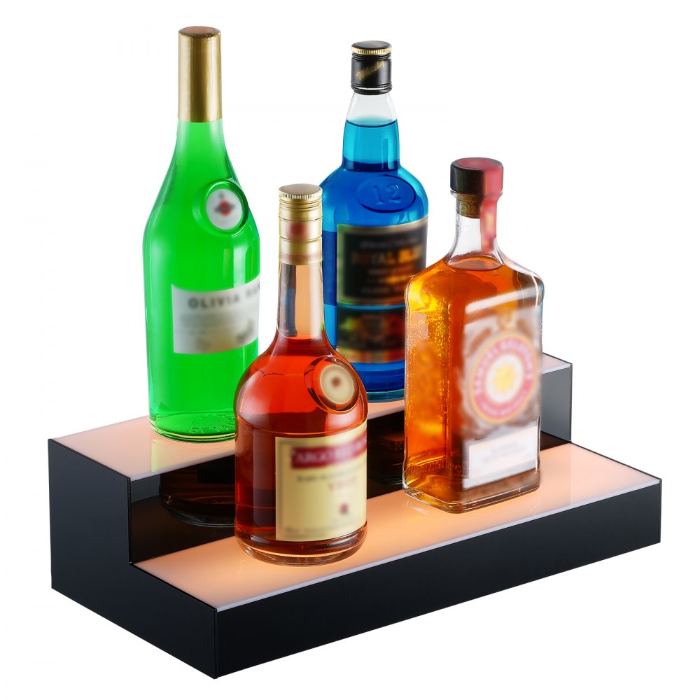 VEVOR LED Lighted Liquor Bottle Display, 2 Tiers 16 Inch Commercial Illuminated Home Bar Shelf, 2 Steps Whiskey Rack Stand, Acrylic Drink Shelves with RF Remote & App Control, and Multicolor lighting