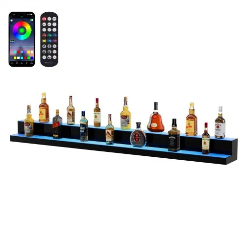 VEVOR LED Lighted Liquor Bottle Display, 2 Tiers 72 Inch Commercial Illuminated Home Bar Shelf, 2 Steps Whiskey Rack Stand, Acrylic Drink Shelves with RF Remote & App Control, and Multicolor lighting