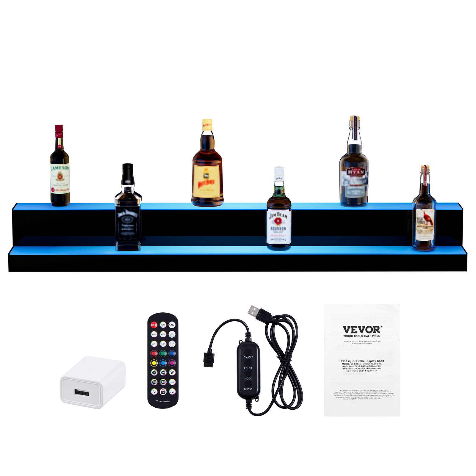 VEVOR LED Lighted Liquor Bottle Display, 2 Tiers 48 Inch Commercial Illuminated Home Bar Shelf, 2 Steps Whiskey Rack Stand, Acrylic Drink Shelves with RF Remote & App Control, and Multicolor lighting