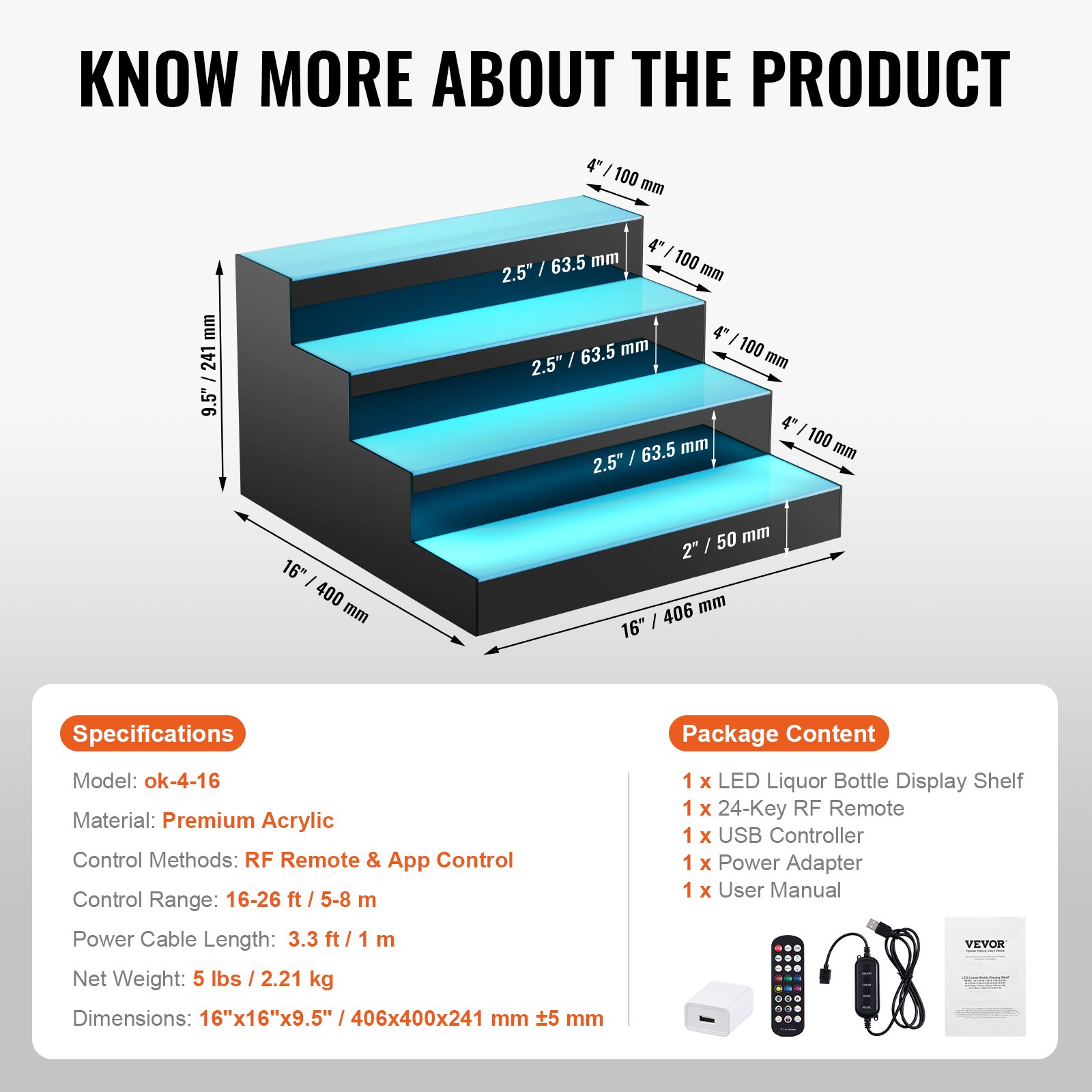 Stojan na fľaše s alkoholom VEVOR s LED osvetlením, 4-úrovňový 16-palcový komerčný osvetlený barový regál, 4-stupňový stojan na whisky, akrylové police na nápoje s RF diaľkovým ovládaním a ovládaním cez aplikáciu a viacfarebné osvetlenie.