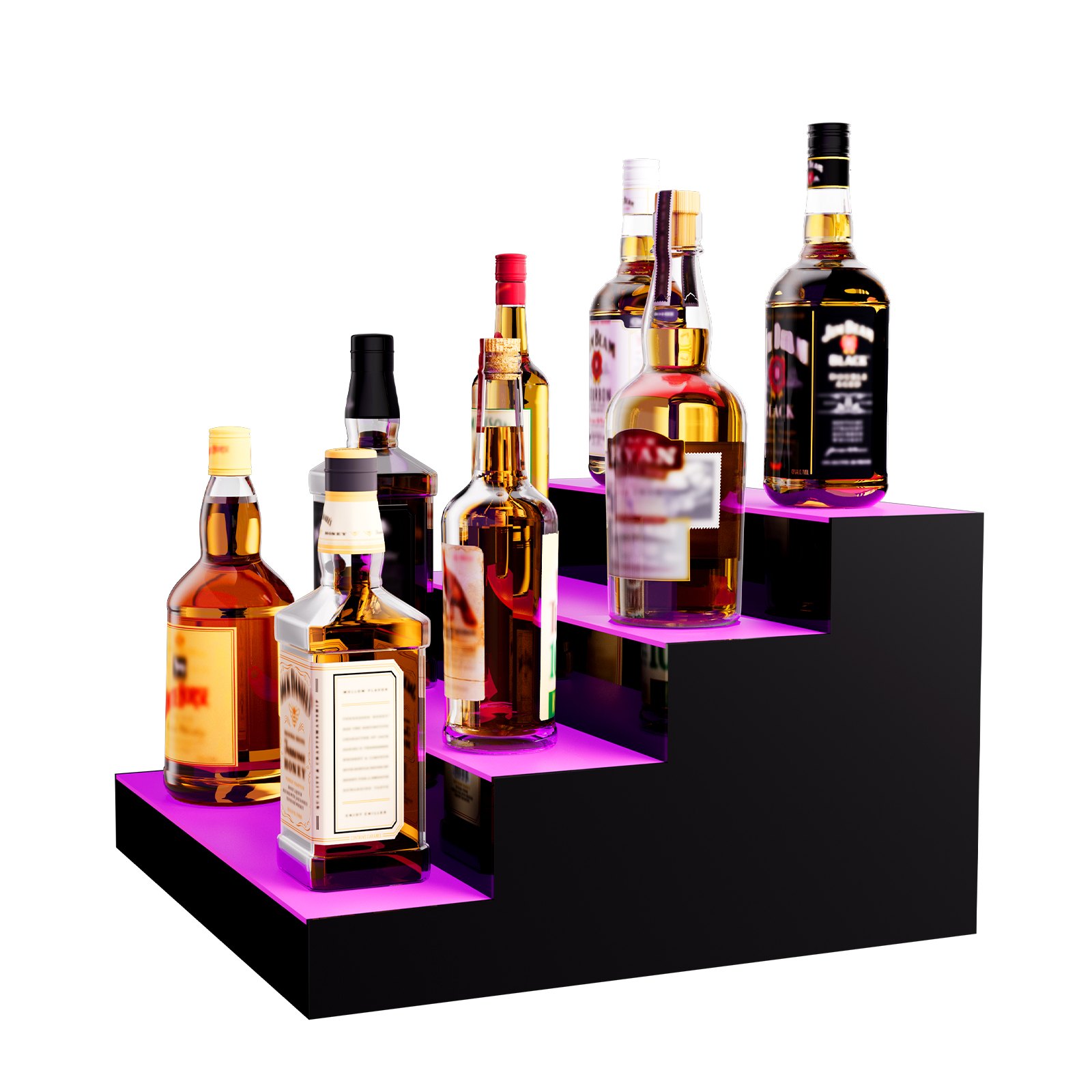 VEVOR LED Lighted Liquor Bottle Display, 4 Tiers 16 Inch Commercial Illuminated Home Bar Shelf, 4 Steps Whiskey Rack Stand, Acrylic Drink Shelves with RF Remote & App Control, and Multicolor lighting
