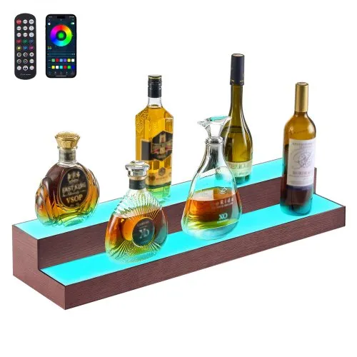 VEVOR LED Lighted Liquor Bottle Display, 2-Tier 30-Inch Whiskey Rack, Support USB, Illuminated Home Bar Shelf with RF Remote & App Control, 7 Static Colors, Acrylic+ Wood Lighted Shelf for 15 Bottles