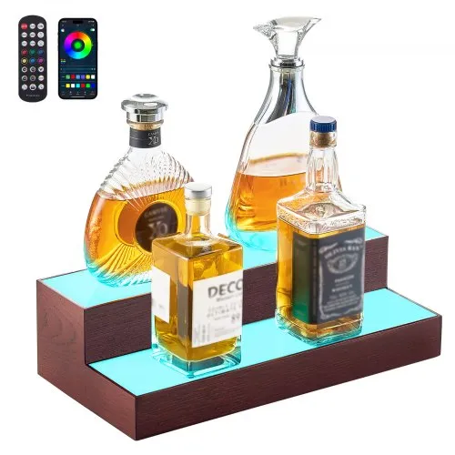 VEVOR LED Lighted Liquor Bottle Display, 2-Tier 16 Inch Whiskey Rack, Supports USB, Illuminated Home Bar Shelf with RF Remote & App Control, 7 Static Colors, Acrylic+ Wood Lighted Shelf for 8 Bottles