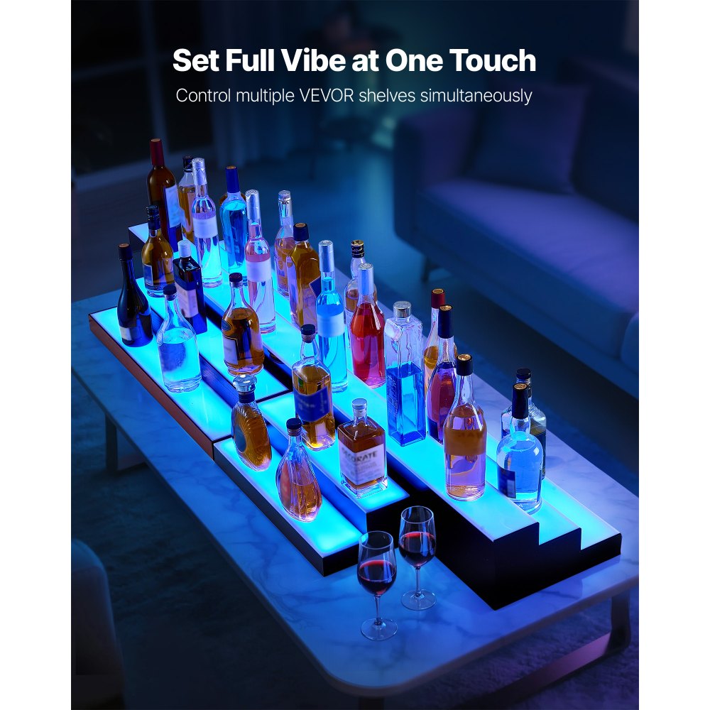 VEVOR LED Lighted Liquor Bottle Display, 2-Tier 16 Inch Whiskey Rack, Supports USB, Illuminated Home Bar Shelf with RF Remote & App Control, 7 Static Colors, Acrylic+ Wood Lighted Shelf for 8 Bottles