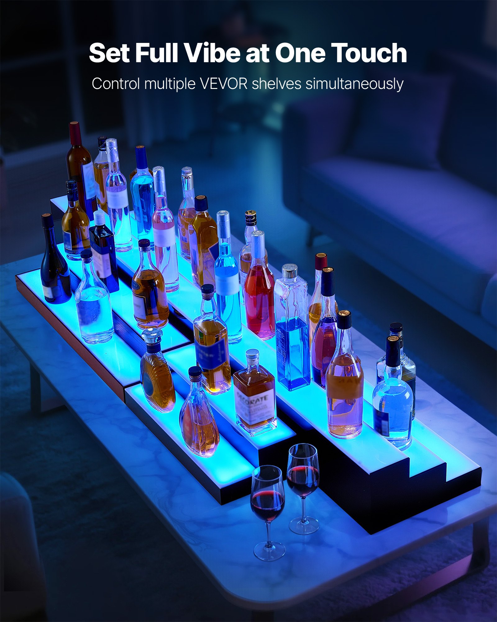VEVOR LED Lighted Liquor Bottle Display, 2-Tier 16 Inch Whiskey Rack, Supports USB, Illuminated Home Bar Shelf with RF Remote & App Control, 7 Static Colors, Acrylic+ Wood Lighted Shelf for 8 Bottles