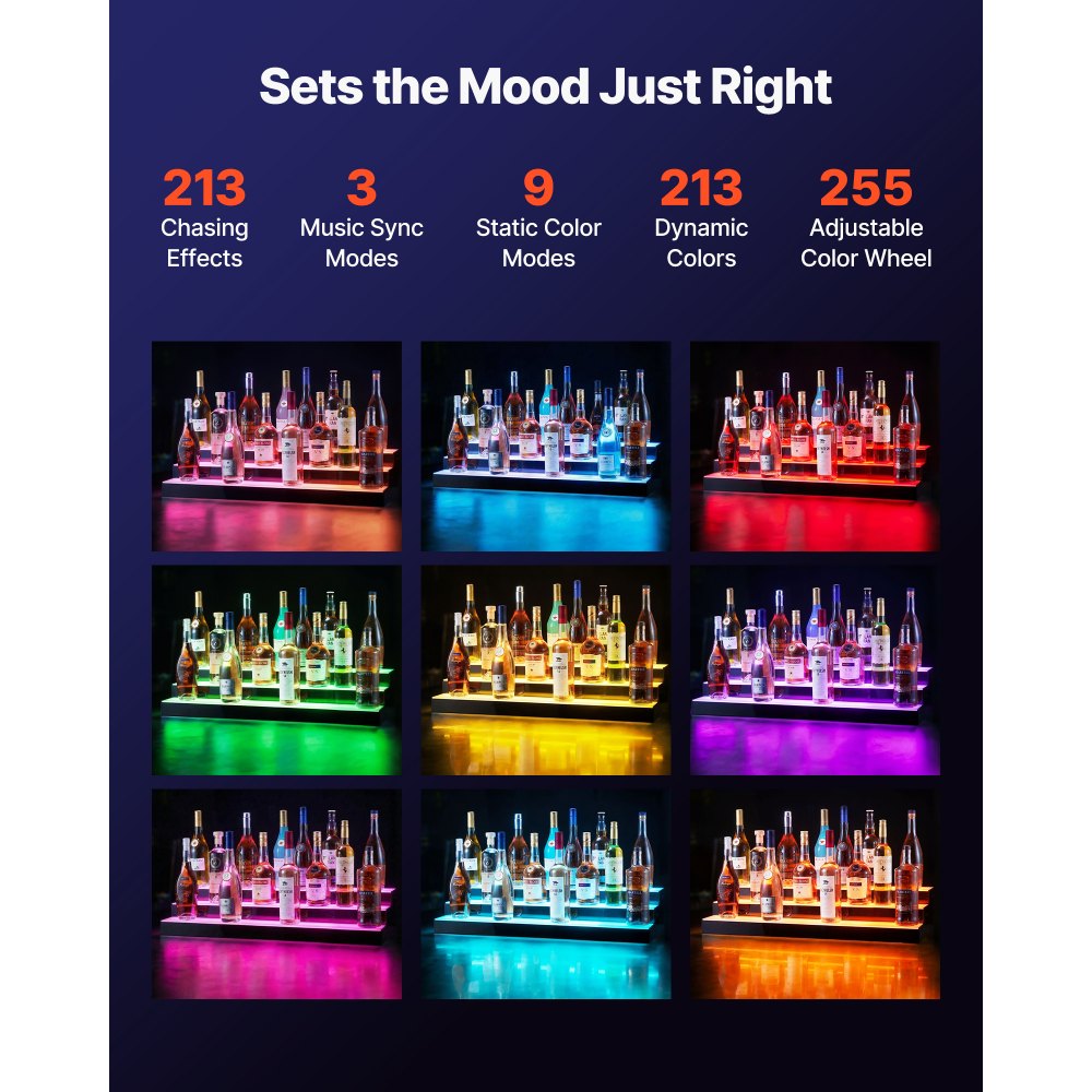 VEVOR LED Lighted Liquor Bottle Display, 3 Tiers 30 inches, Acrylic Illuminated Home Bar Shelf Display with RF Remote & App Control, DIY Setup with Type-C Cables, 9 Static Colors, for 21-30 Bottles