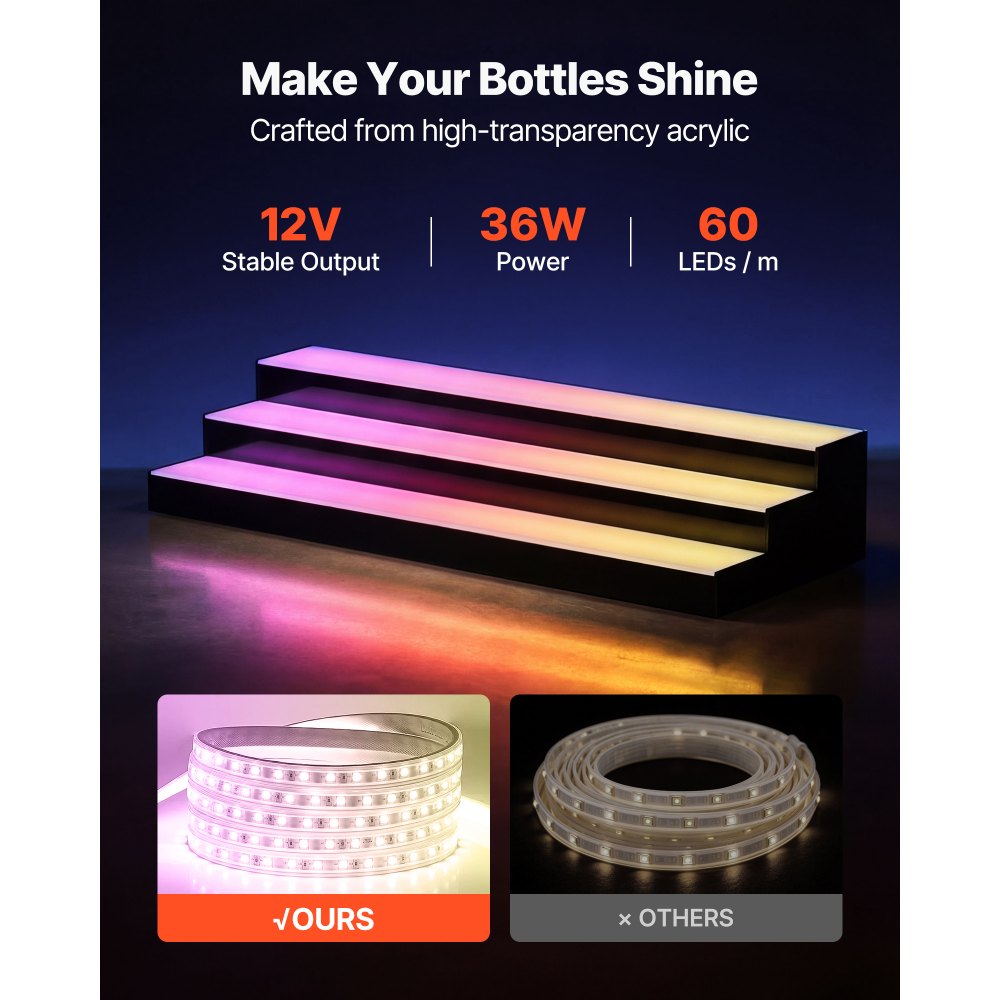 VEVOR LED Lighted Liquor Bottle Display, 3 Tiers 30 inches, Acrylic Illuminated Home Bar Shelf Display with RF Remote & App Control, DIY Setup with Type-C Cables, 9 Static Colors, for 21-30 Bottles