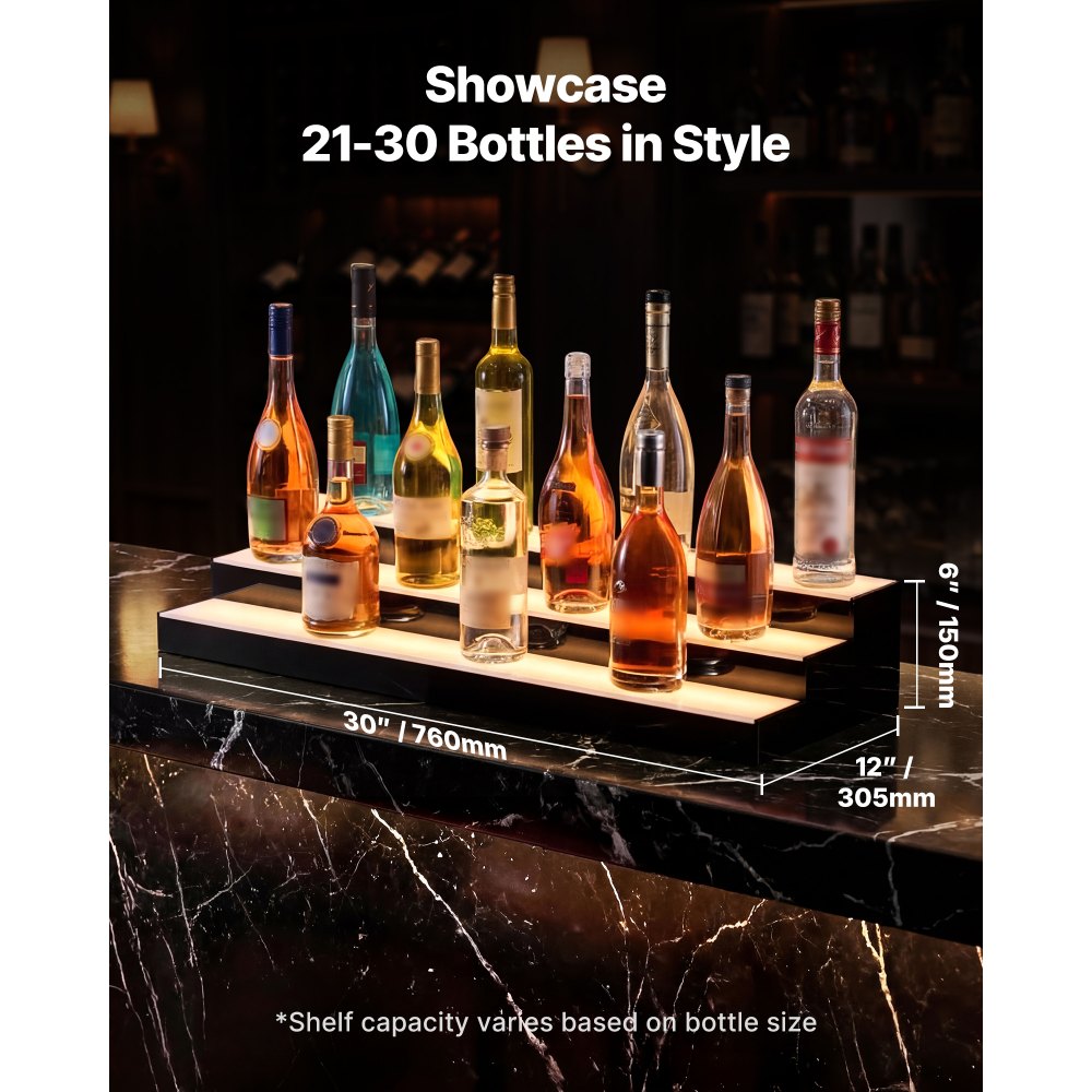 VEVOR LED Lighted Liquor Bottle Display, 3 Tiers 30 inches, Acrylic Illuminated Home Bar Shelf Display with RF Remote & App Control, DIY Setup with Type-C Cables, 9 Static Colors, for 21-30 Bottles