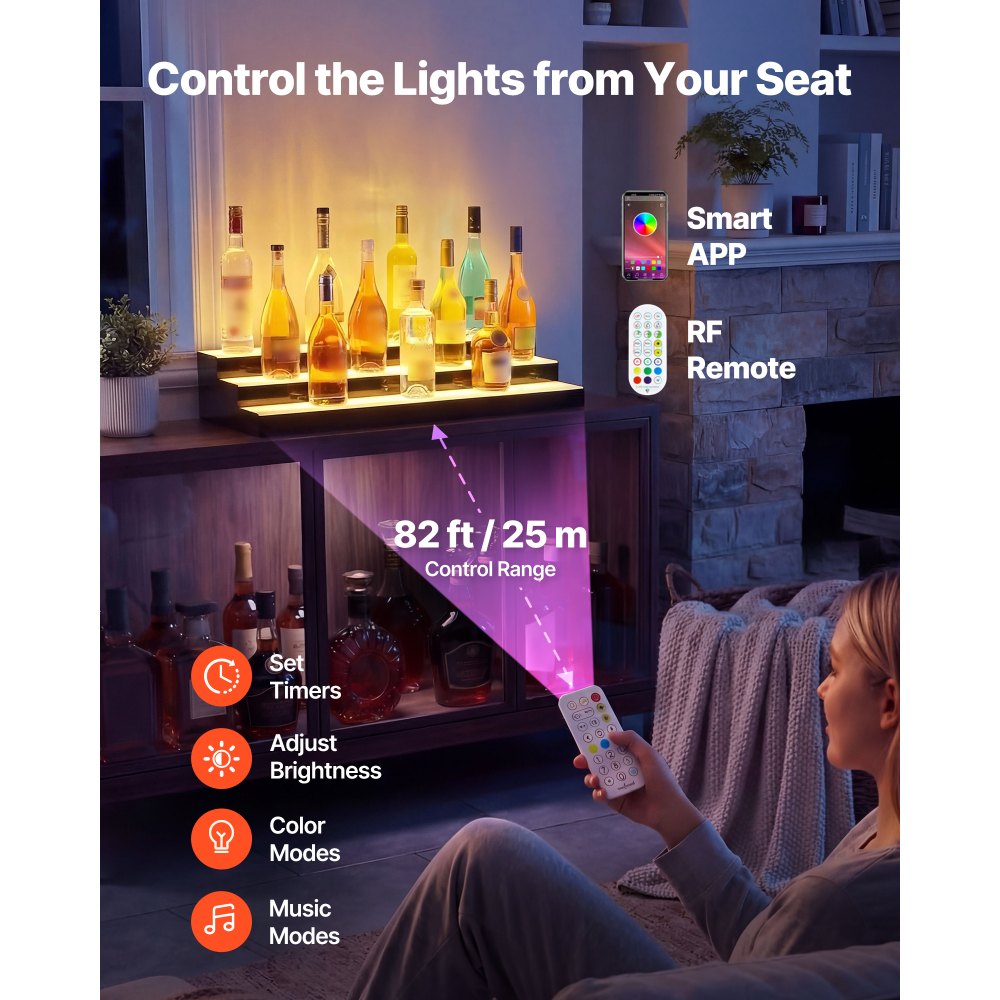 VEVOR LED Lighted Liquor Bottle Display, 3 Tiers 30 inches, Acrylic Illuminated Home Bar Shelf Display with RF Remote & App Control, DIY Setup with Type-C Cables, 9 Static Colors, for 21-30 Bottles