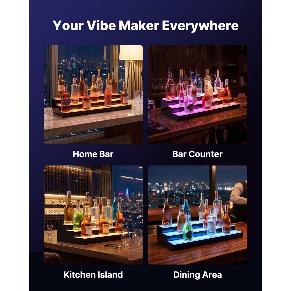 VEVOR LED Lighted Liquor Bottle Display, 3 Tiers 30 inches, Acrylic Illuminated Home Bar Shelf Display with RF Remote & App Control, DIY Setup with Type-C Cables, 9 Static Colors, for 21-30 Bottles