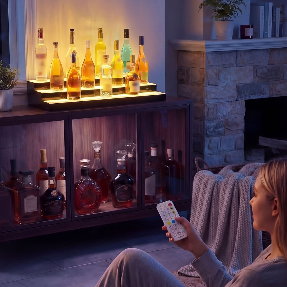 VEVOR LED Lighted Liquor Bottle Display, 3 Tiers 30 inches, Acrylic Illuminated Home Bar Shelf Display with RF Remote & App Control, DIY Setup with Type-C Cables, 9 Static Colors, for 21-30 Bottles