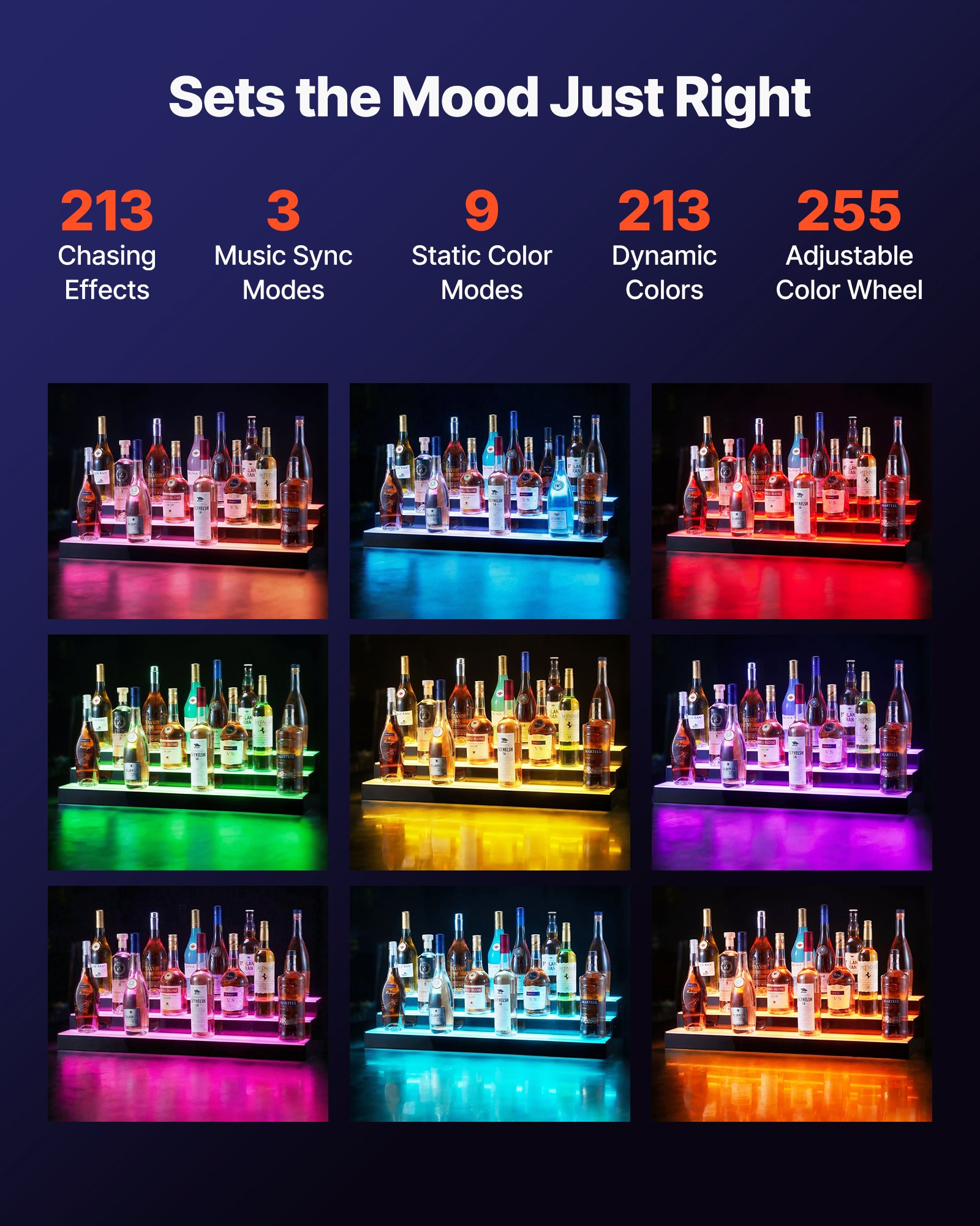 VEVOR LED Lighted Liquor Bottle Display, 3 Tiers 30 inches, Acrylic Illuminated Home Bar Shelf Display with RF Remote & App Control, DIY Setup with Type-C Cables, 9 Static Colors, for 21-30 Bottles