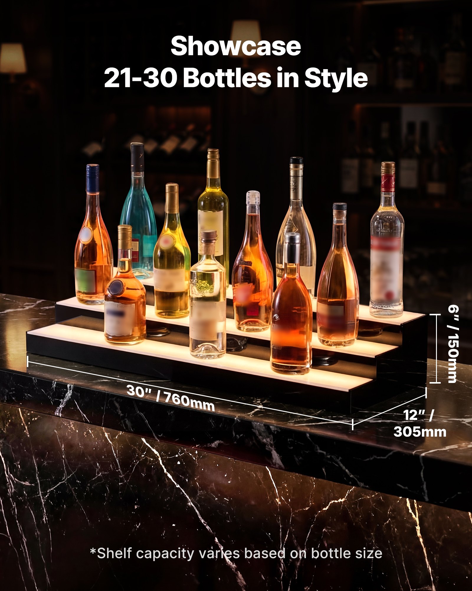 VEVOR LED Lighted Liquor Bottle Display, 3 Tiers 30 inches, Acrylic Illuminated Home Bar Shelf Display with RF Remote & App Control, DIY Setup with Type-C Cables, 9 Static Colors, for 21-30 Bottles