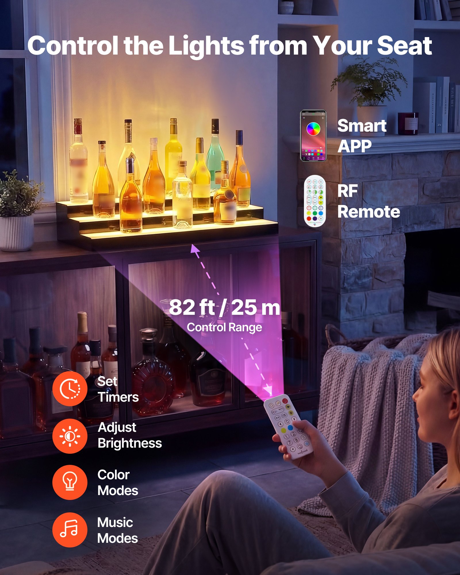 VEVOR LED Lighted Liquor Bottle Display, 3 Tiers 30 inches, Acrylic Illuminated Home Bar Shelf Display with RF Remote & App Control, DIY Setup with Type-C Cables, 9 Static Colors, for 21-30 Bottles