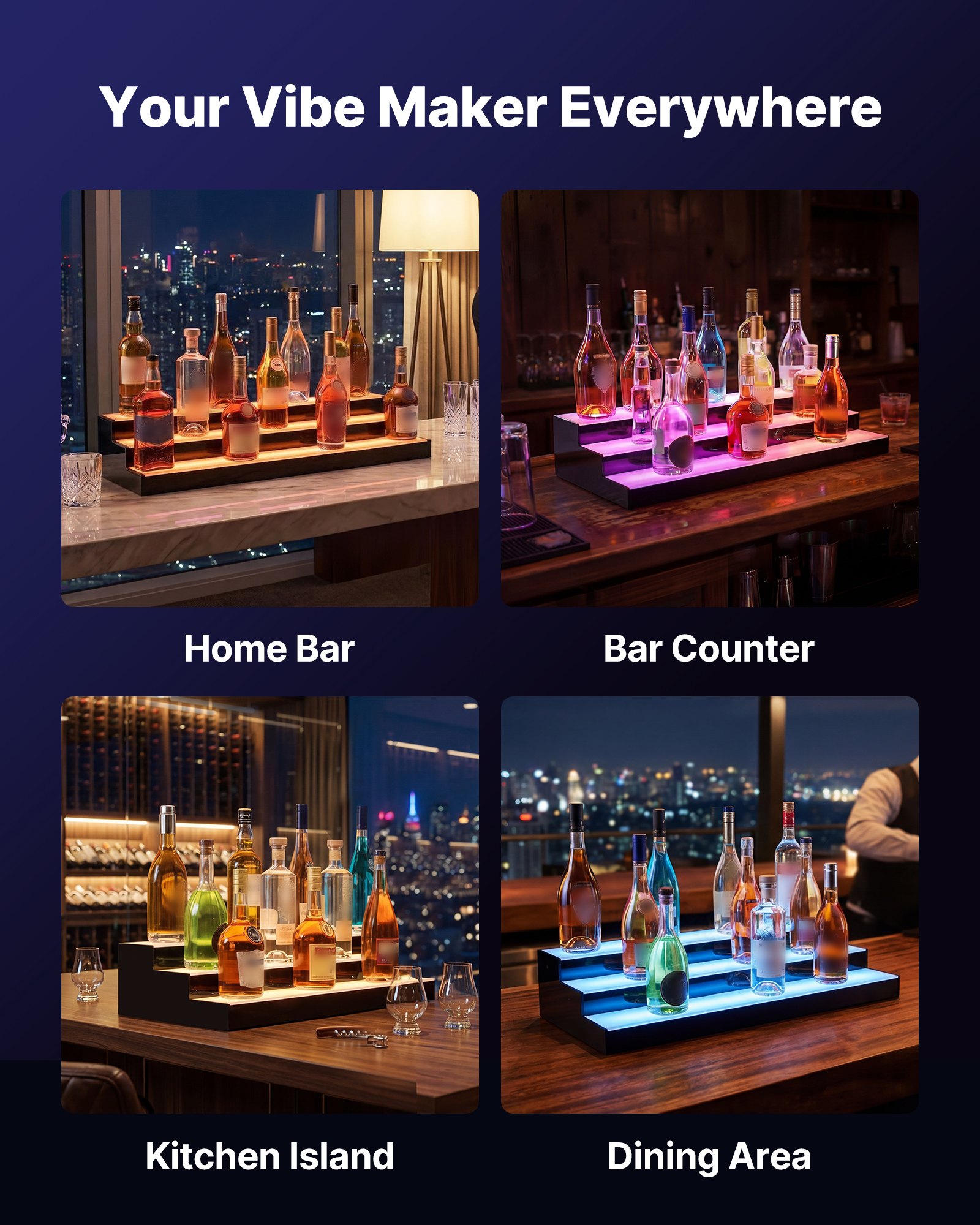 VEVOR LED Lighted Liquor Bottle Display, 3 Tiers 30 inches, Acrylic Illuminated Home Bar Shelf Display with RF Remote & App Control, DIY Setup with Type-C Cables, 9 Static Colors, for 21-30 Bottles