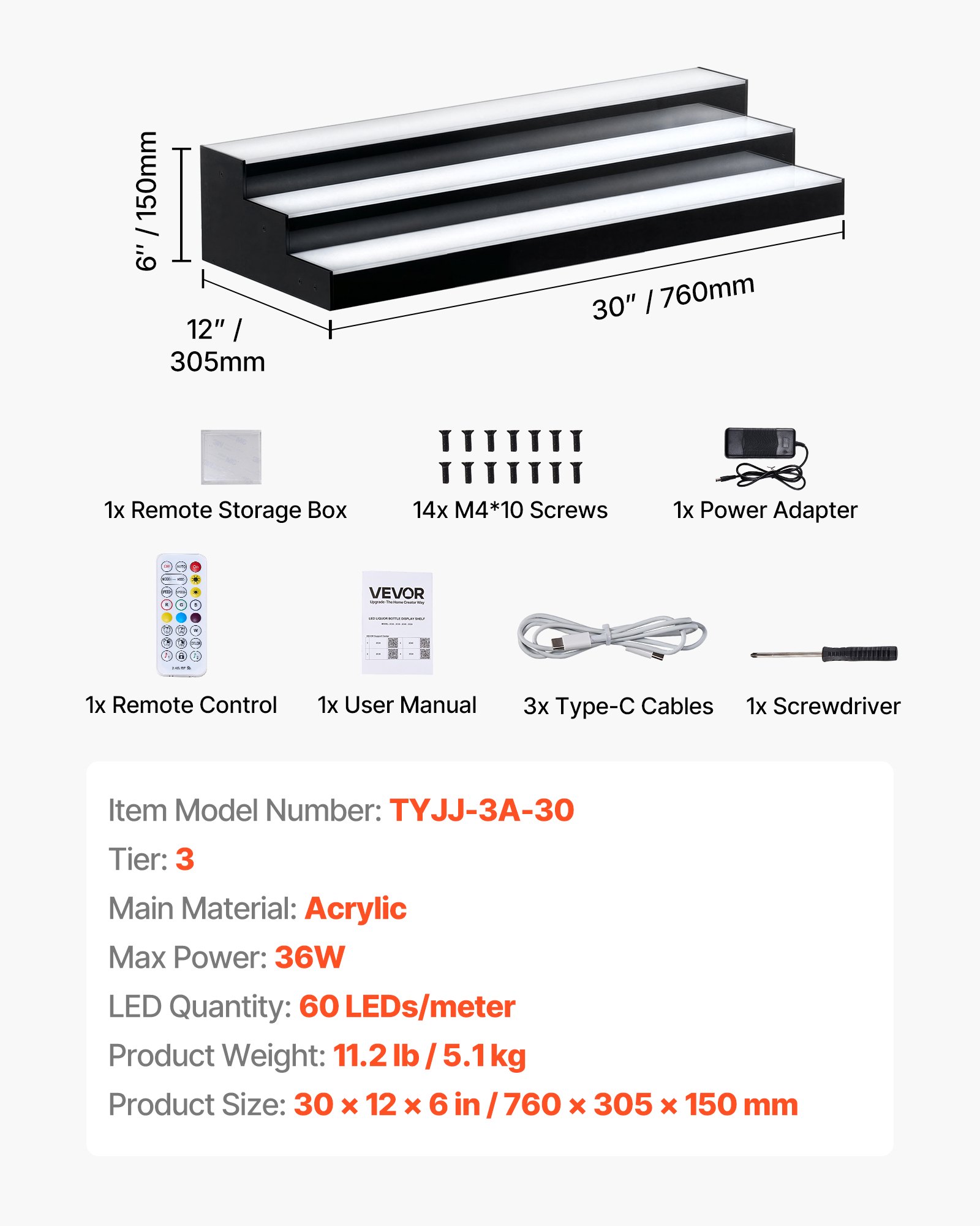 VEVOR LED Lighted Liquor Bottle Display, 3 Tiers 30 inches, Acrylic Illuminated Home Bar Shelf Display with RF Remote & App Control, DIY Setup with Type-C Cables, 9 Static Colors, for 21-30 Bottles