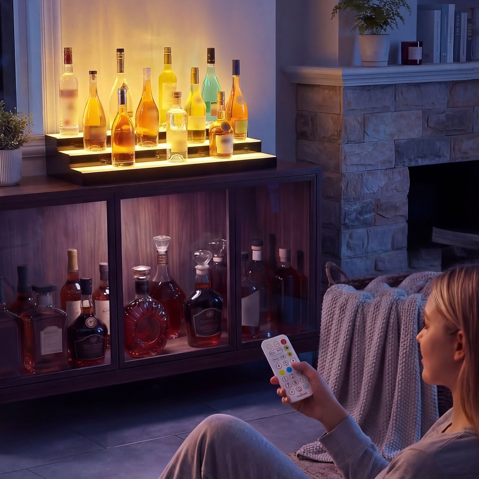 VEVOR LED Lighted Liquor Bottle Display, 3 Tiers 30 inches, Acrylic Illuminated Home Bar Shelf Display with RF Remote & App Control, DIY Setup with Type-C Cables, 9 Static Colors, for 21-30 Bottles