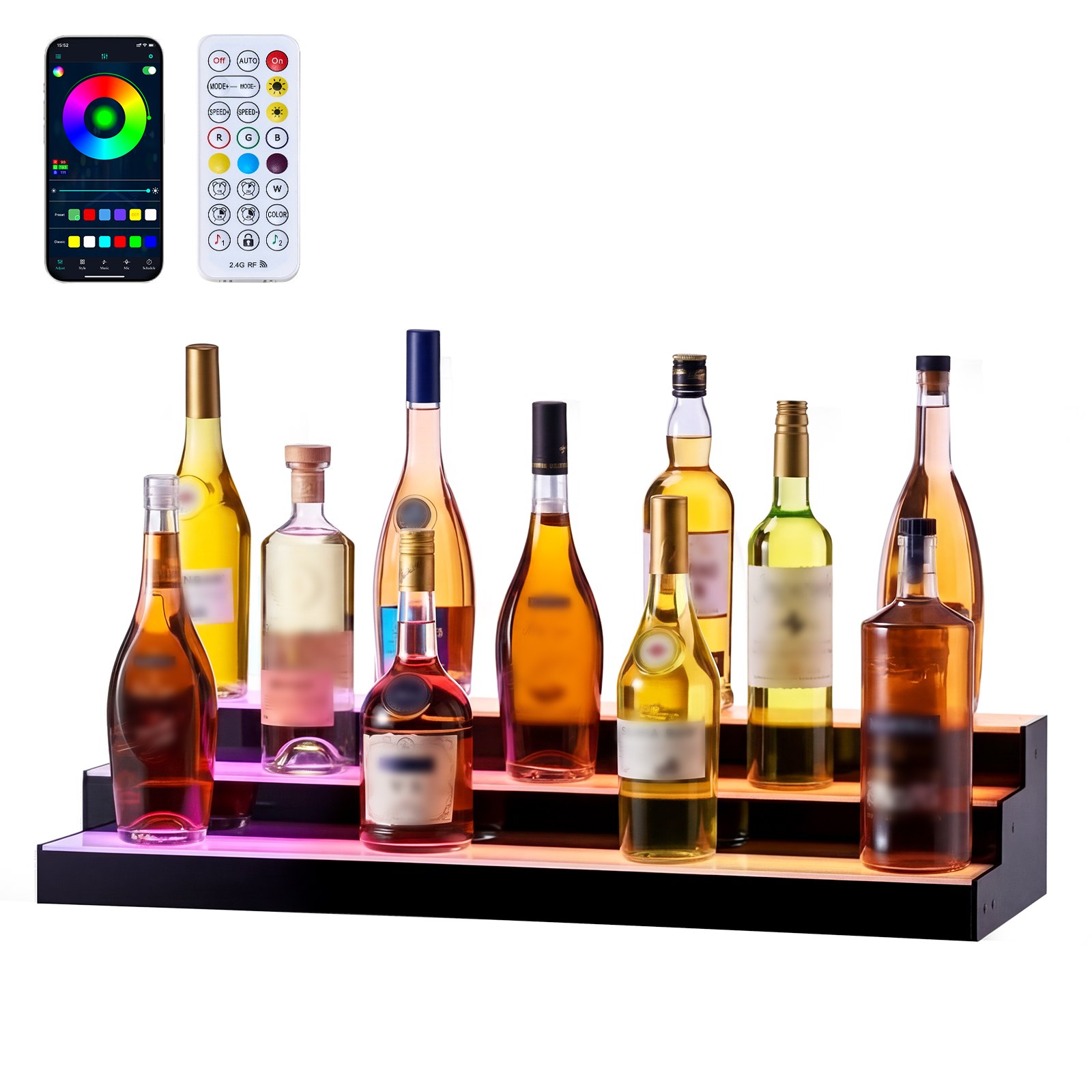 VEVOR LED Lighted Liquor Bottle Display, 3 Tiers 30 inches, Acrylic Illuminated Home Bar Shelf Display with RF Remote & App Control, DIY Setup with Type-C Cables, 9 Static Colors, for 21-30 Bottles
