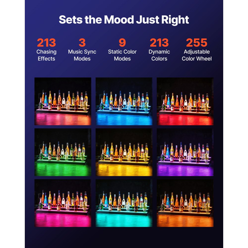 VEVOR LED Lighted Liquor Bottle Display, 3 Tiers 48 inches, Acrylic Illuminated Home Bar Shelf Display with RF Remote & App Control, DIY Setup with Type-C Cables, 9 Static Colors, for 36-48 Bottles