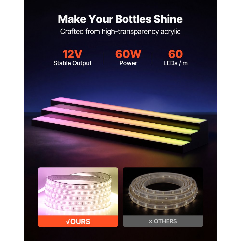 VEVOR LED Lighted Liquor Bottle Display, 3 Tiers 48 inches, Acrylic Illuminated Home Bar Shelf Display with RF Remote & App Control, DIY Setup with Type-C Cables, 9 Static Colors, for 36-48 Bottles