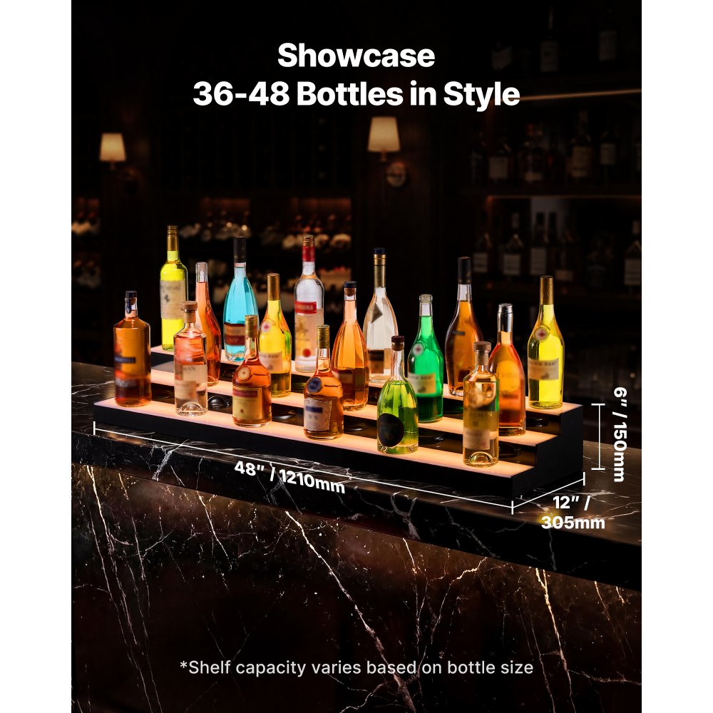 VEVOR LED Lighted Liquor Bottle Display, 3 Tiers 48 inches, Acrylic Illuminated Home Bar Shelf Display with RF Remote & App Control, DIY Setup with Type-C Cables, 9 Static Colors, for 36-48 Bottles