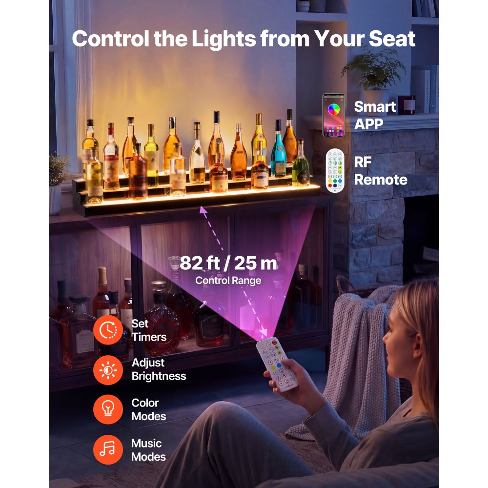 VEVOR LED Lighted Liquor Bottle Display, 3 Tiers 48 inches, Acrylic Illuminated Home Bar Shelf Display with RF Remote & App Control, DIY Setup with Type-C Cables, 9 Static Colors, for 36-48 Bottles