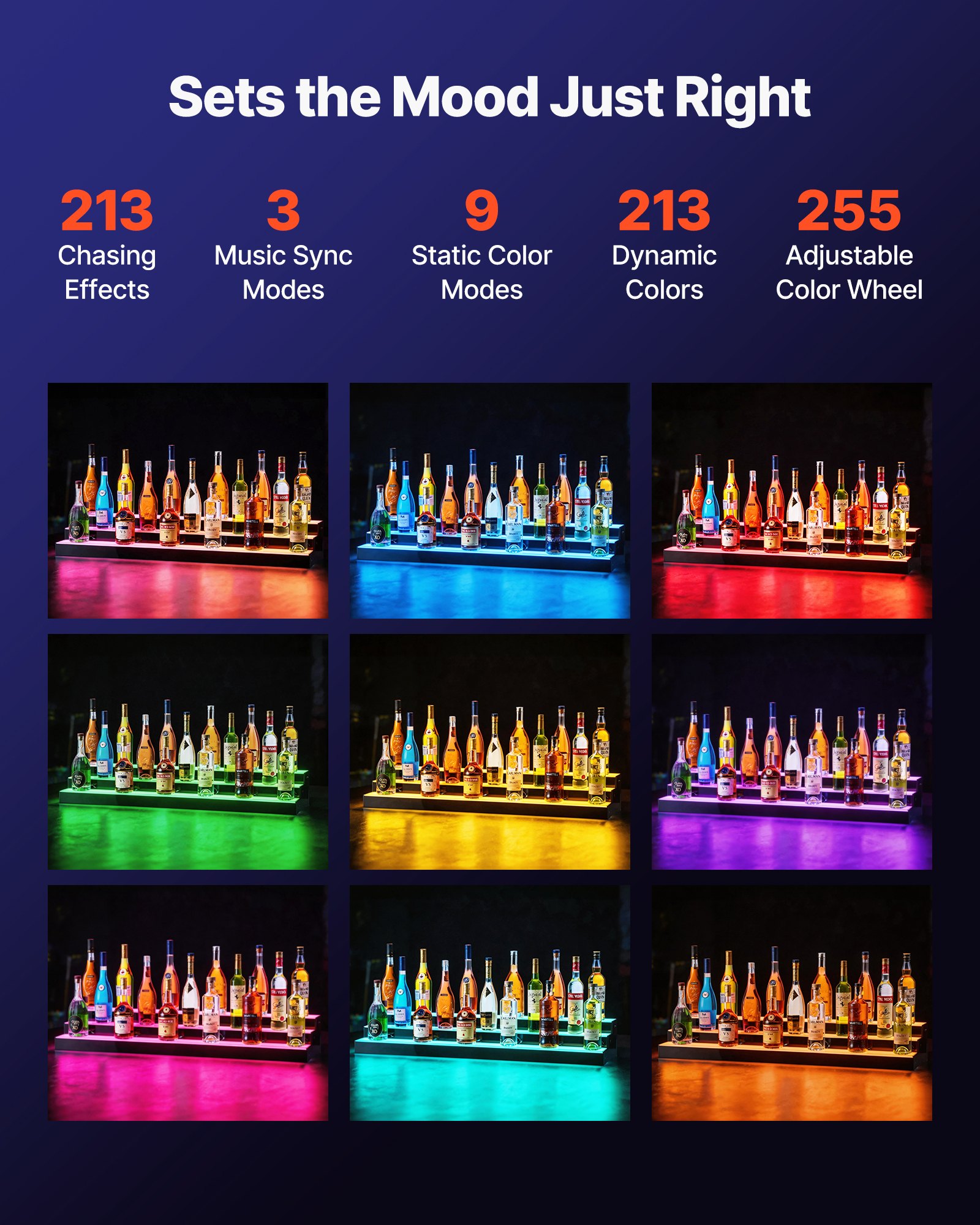 VEVOR LED Lighted Liquor Bottle Display, 3 Tiers 48 inches, Acrylic Illuminated Home Bar Shelf Display with RF Remote & App Control, DIY Setup with Type-C Cables, 9 Static Colors, for 36-48 Bottles