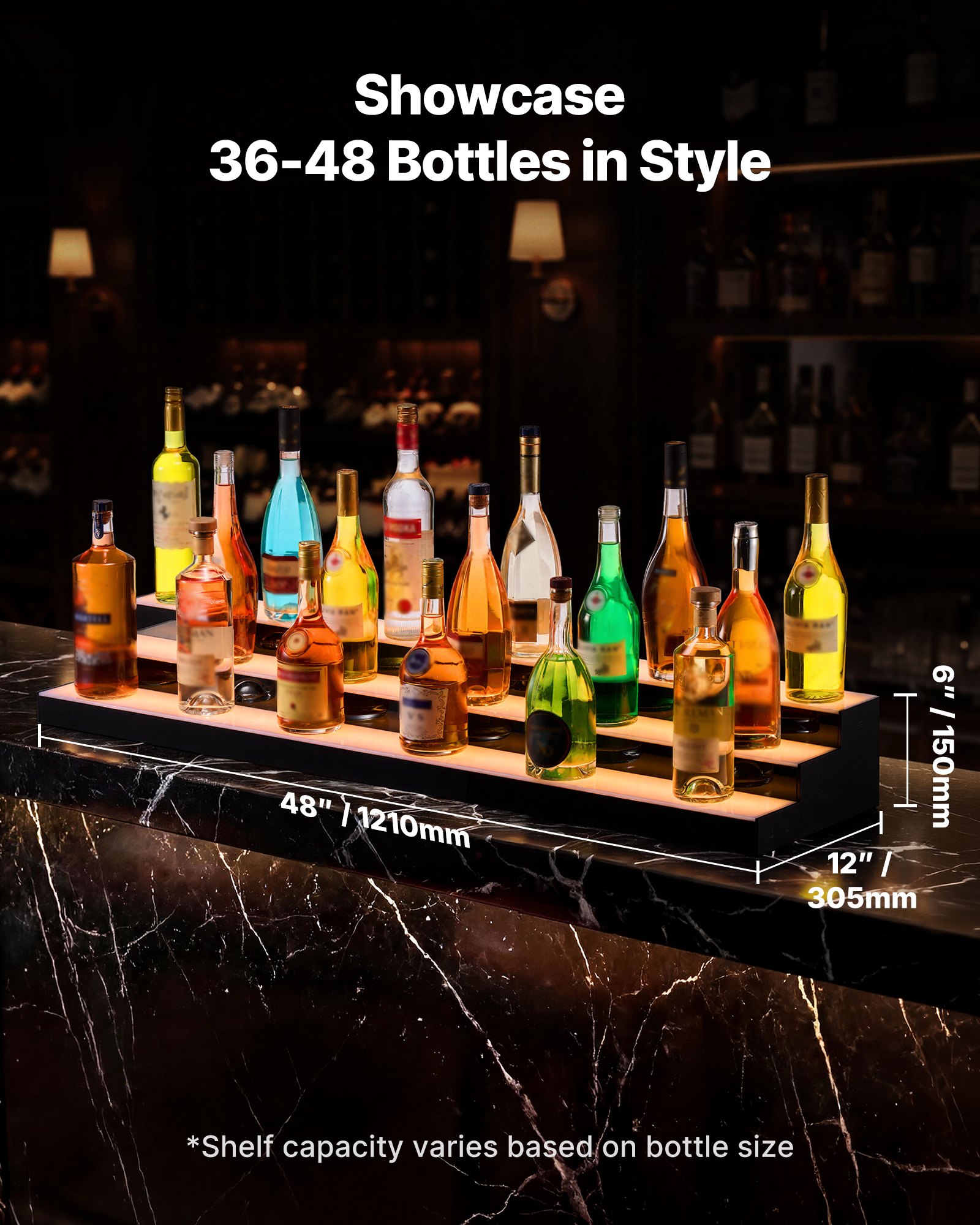 VEVOR LED Lighted Liquor Bottle Display, 3 Tiers 48 inches, Acrylic Illuminated Home Bar Shelf Display with RF Remote & App Control, DIY Setup with Type-C Cables, 9 Static Colors, for 36-48 Bottles