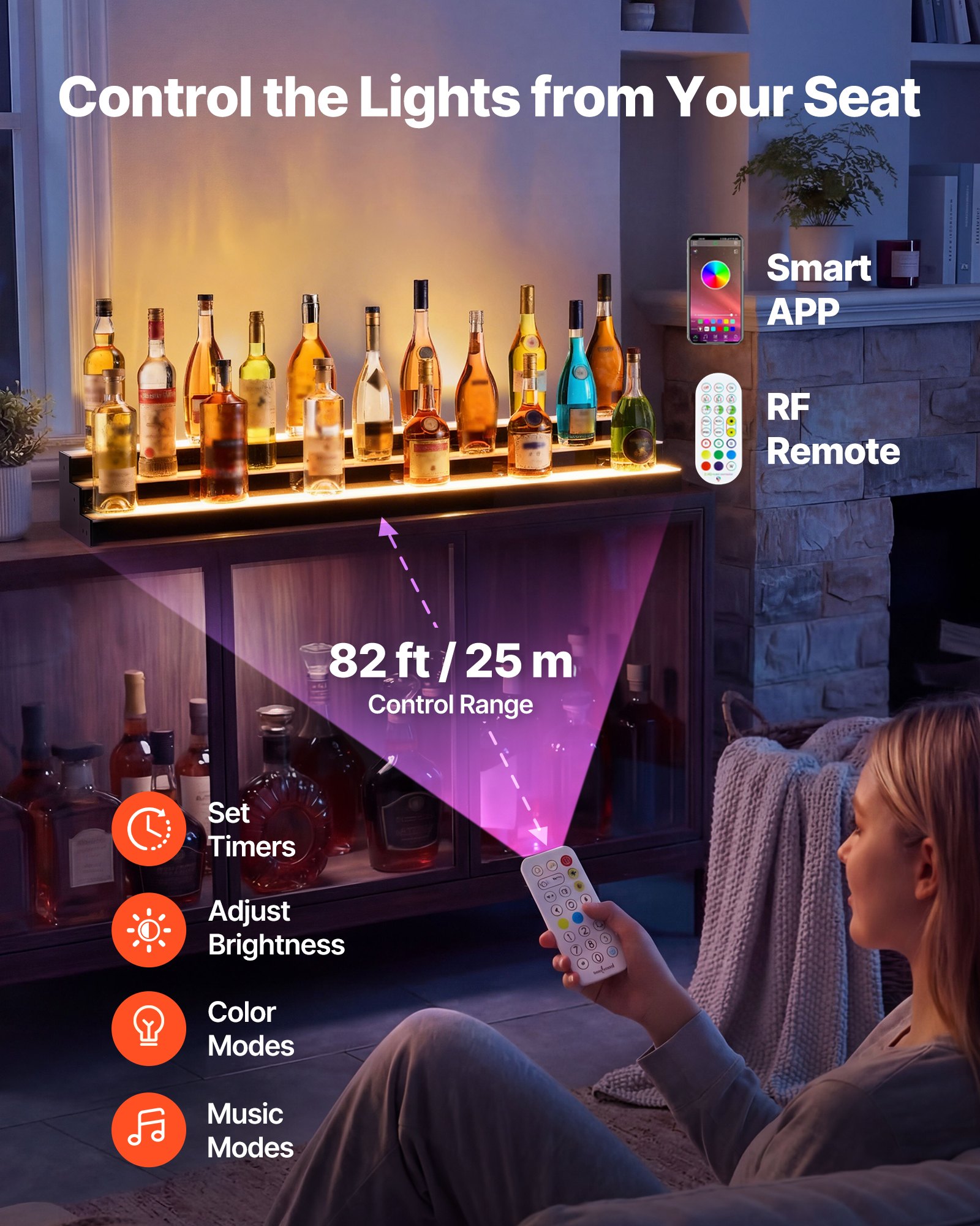 VEVOR LED Lighted Liquor Bottle Display, 3 Tiers 48 inches, Acrylic Illuminated Home Bar Shelf Display with RF Remote & App Control, DIY Setup with Type-C Cables, 9 Static Colors, for 36-48 Bottles