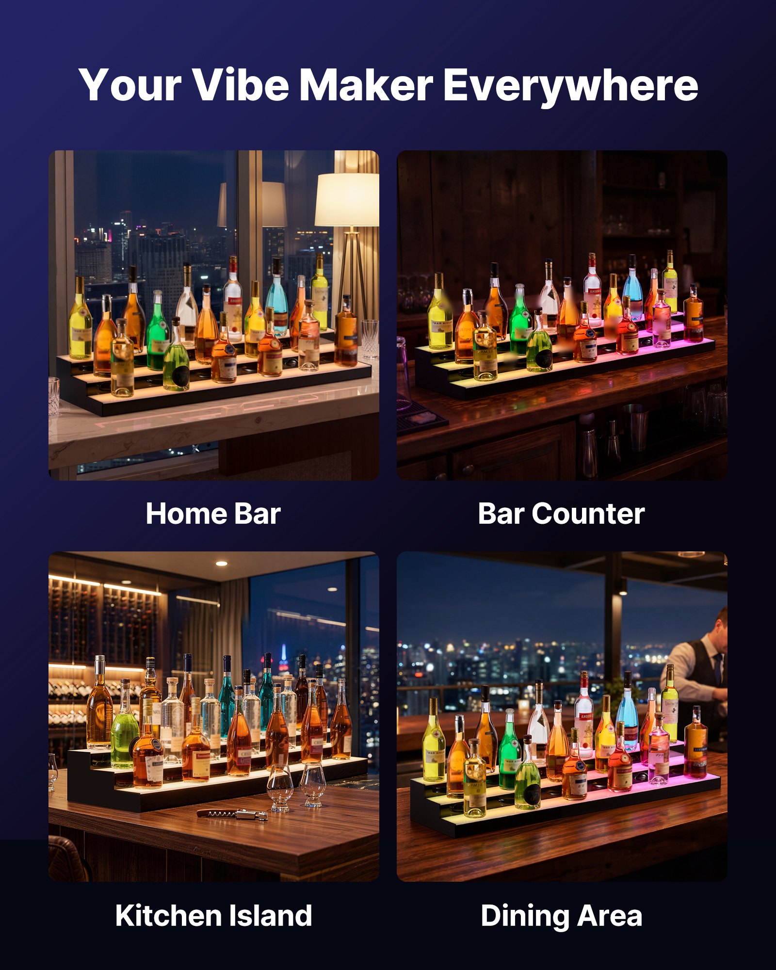 VEVOR LED Lighted Liquor Bottle Display, 3 Tiers 48 inches, Acrylic Illuminated Home Bar Shelf Display with RF Remote & App Control, DIY Setup with Type-C Cables, 9 Static Colors, for 36-48 Bottles