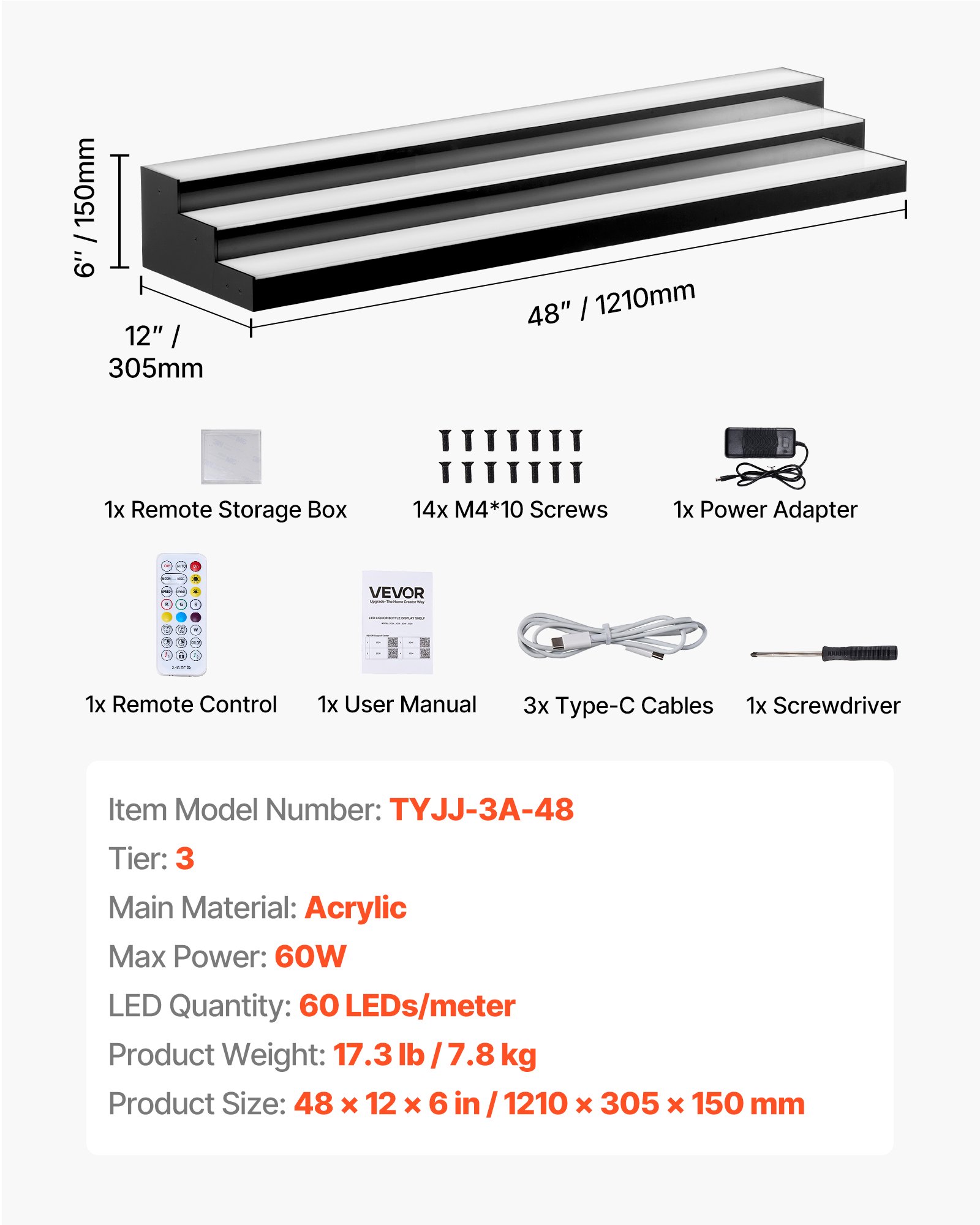 VEVOR LED Lighted Liquor Bottle Display, 3 Tiers 48 inches, Acrylic Illuminated Home Bar Shelf Display with RF Remote & App Control, DIY Setup with Type-C Cables, 9 Static Colors, for 36-48 Bottles
