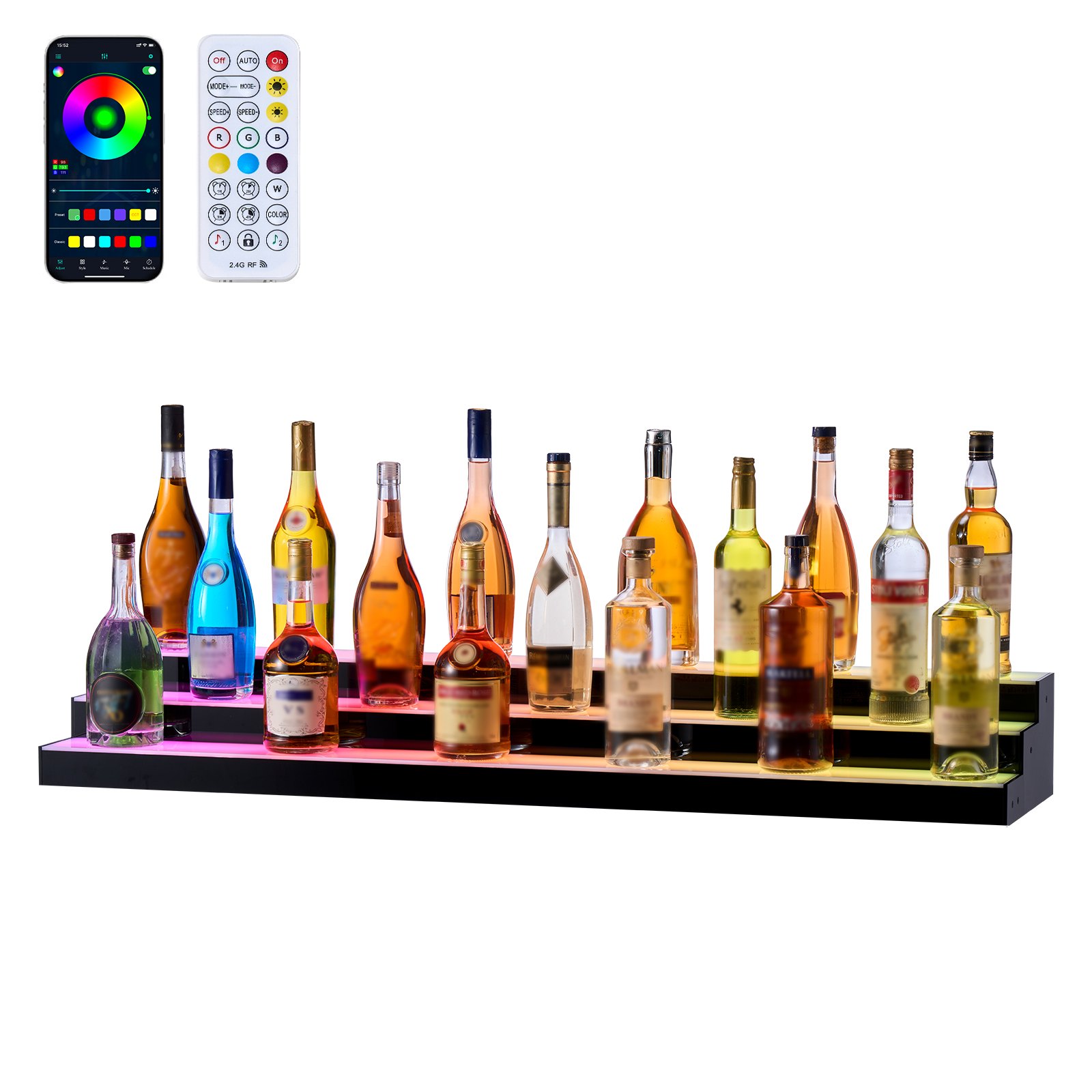 VEVOR LED Lighted Liquor Bottle Display, 3 Tiers 48 inches, Acrylic Illuminated Home Bar Shelf Display with RF Remote & App Control, DIY Setup with Type-C Cables, 9 Static Colors, for 36-48 Bottles
