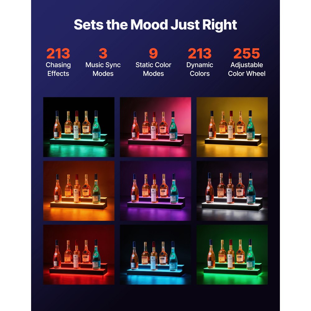VEVOR LED Lighted Liquor Bottle Display, 2 Tiers 24 inches, Supports USB, Acrylic Illuminated Home Bar Shelf Display with RF Remote & App Control, 9 Static Colors, Timing Mode, for 12-16 Bottles
