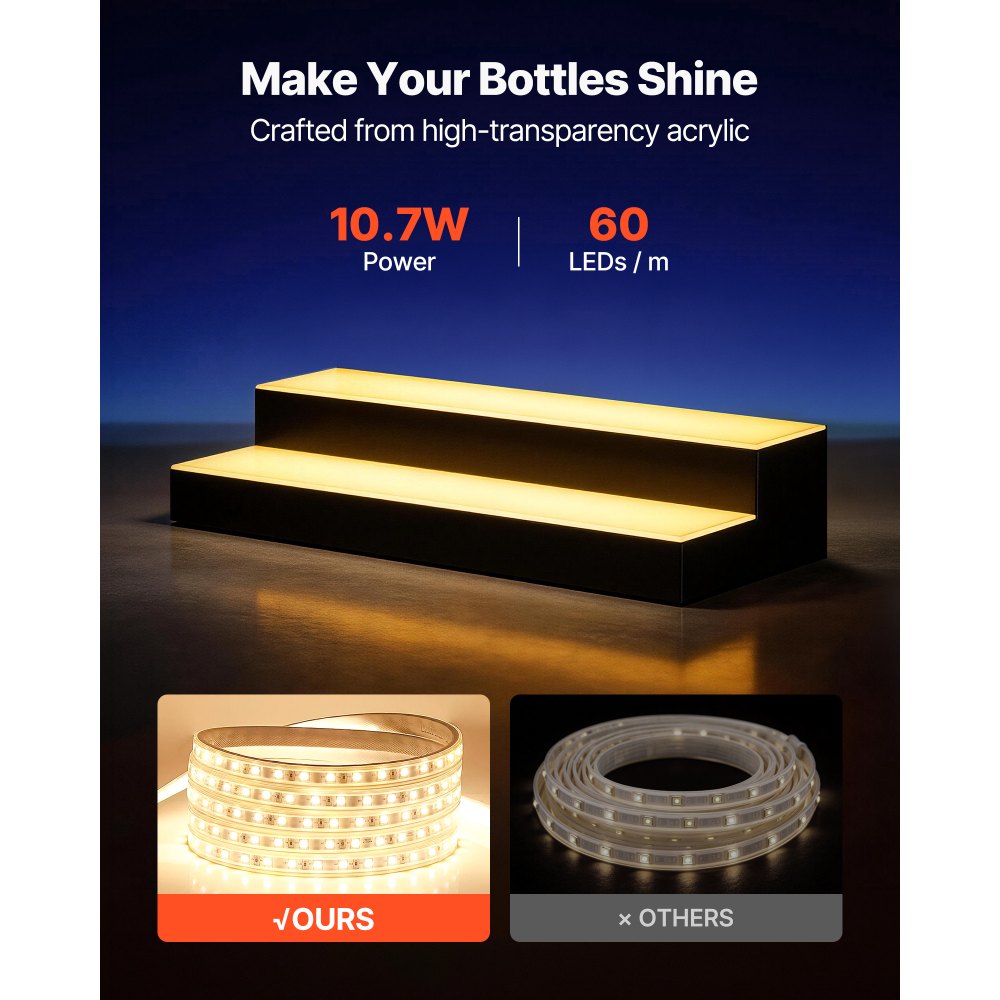 VEVOR LED Lighted Liquor Bottle Display, 2 Tiers 24 inches, Supports USB, Acrylic Illuminated Home Bar Shelf Display with RF Remote & App Control, 9 Static Colors, Timing Mode, for 12-16 Bottles